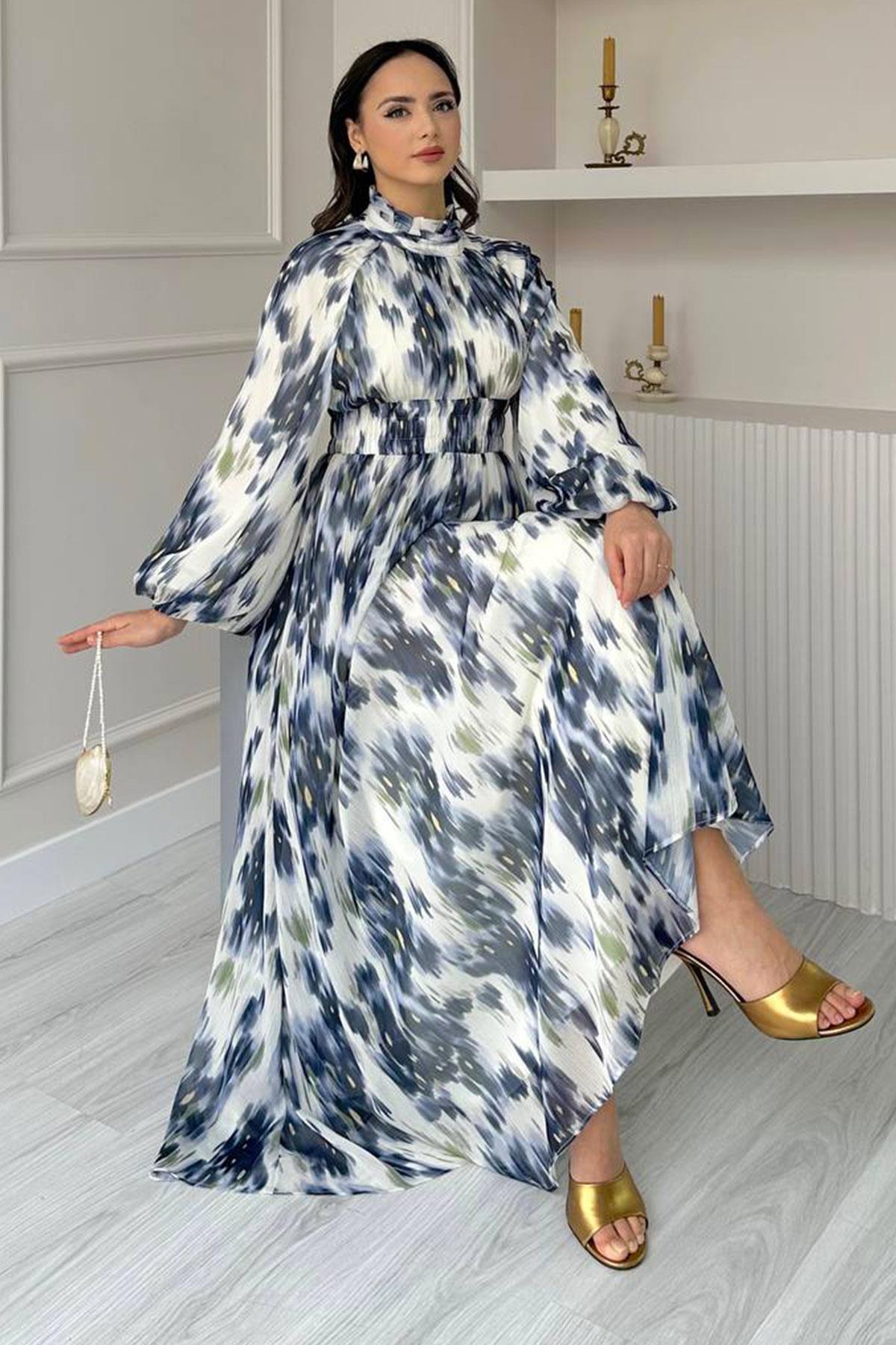 Pastel Desen Şifon Elbise-Lacivert