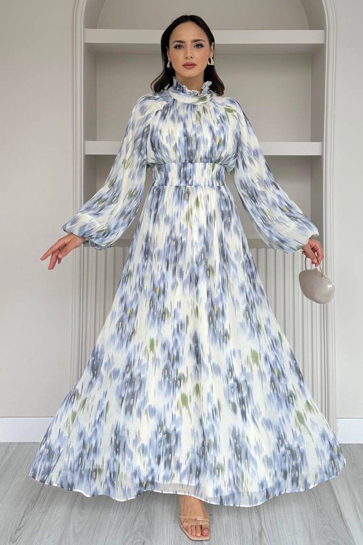 Pastel Desen Şifon Elbise-Mavi