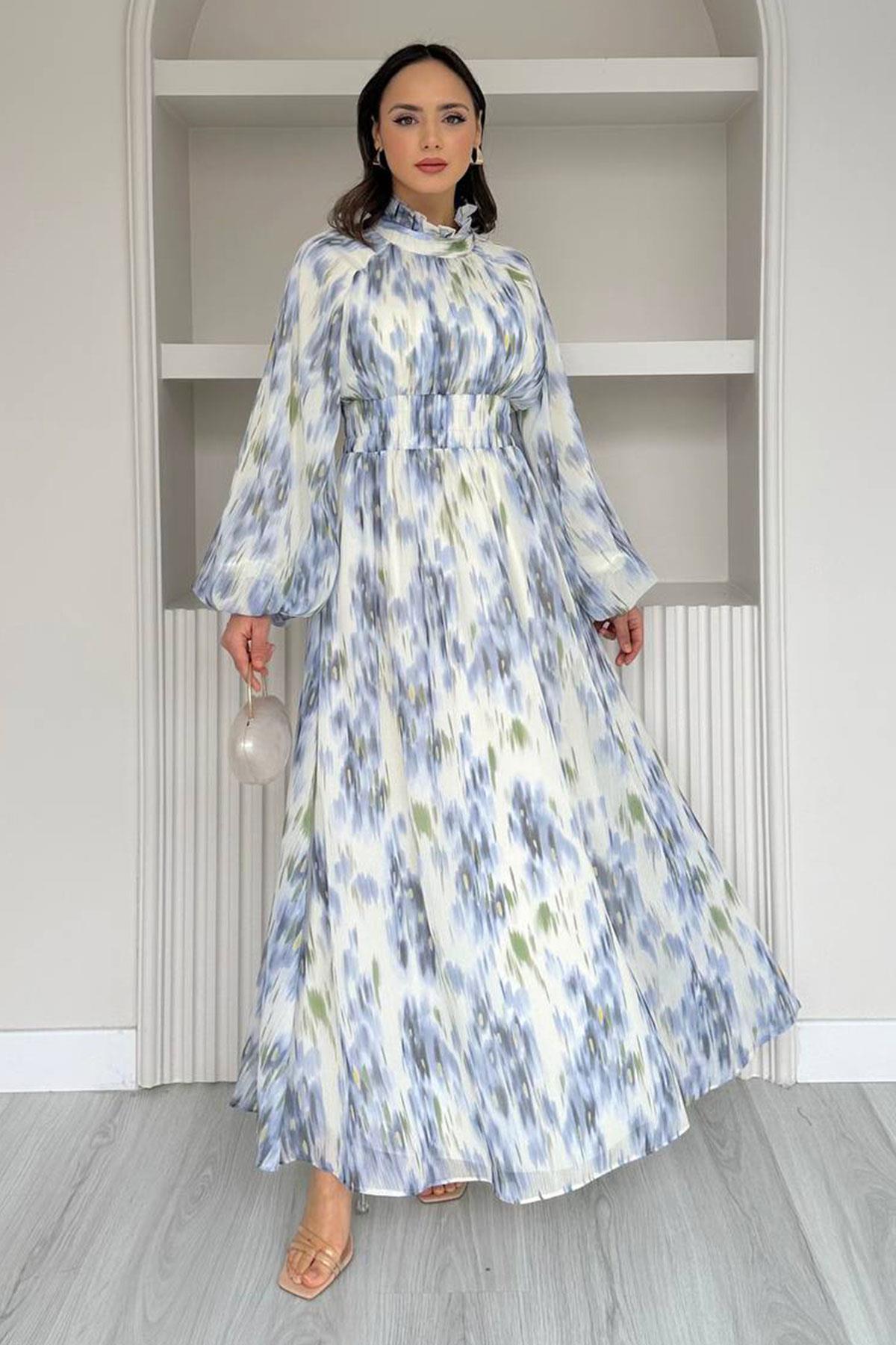 Pastel Desen Şifon Elbise-Mavi