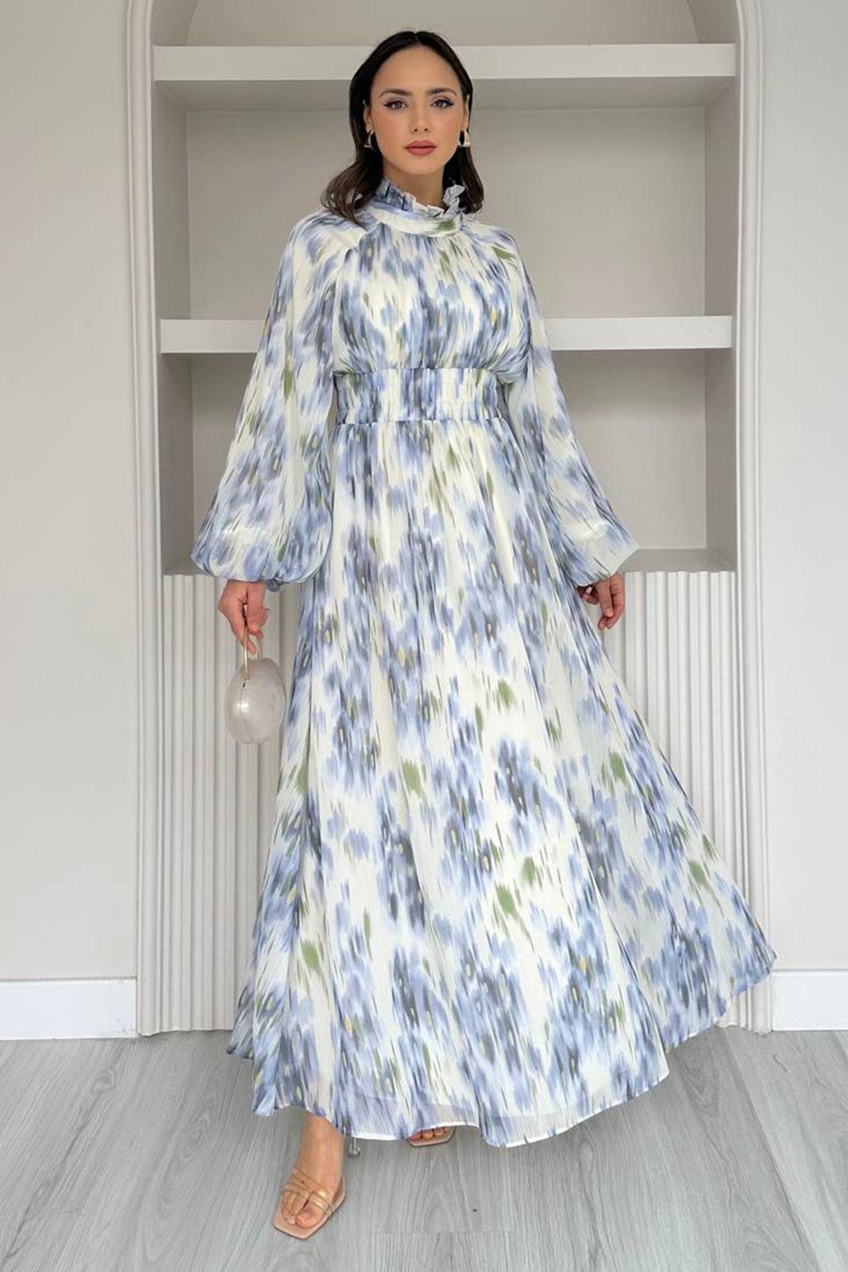 Pastel Desen Şifon Elbise-Mavi