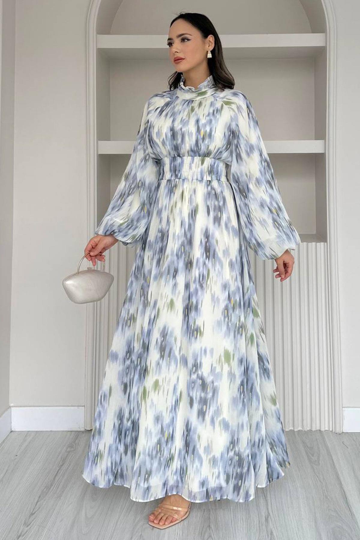 Pastel Desen Şifon Elbise-Mavi