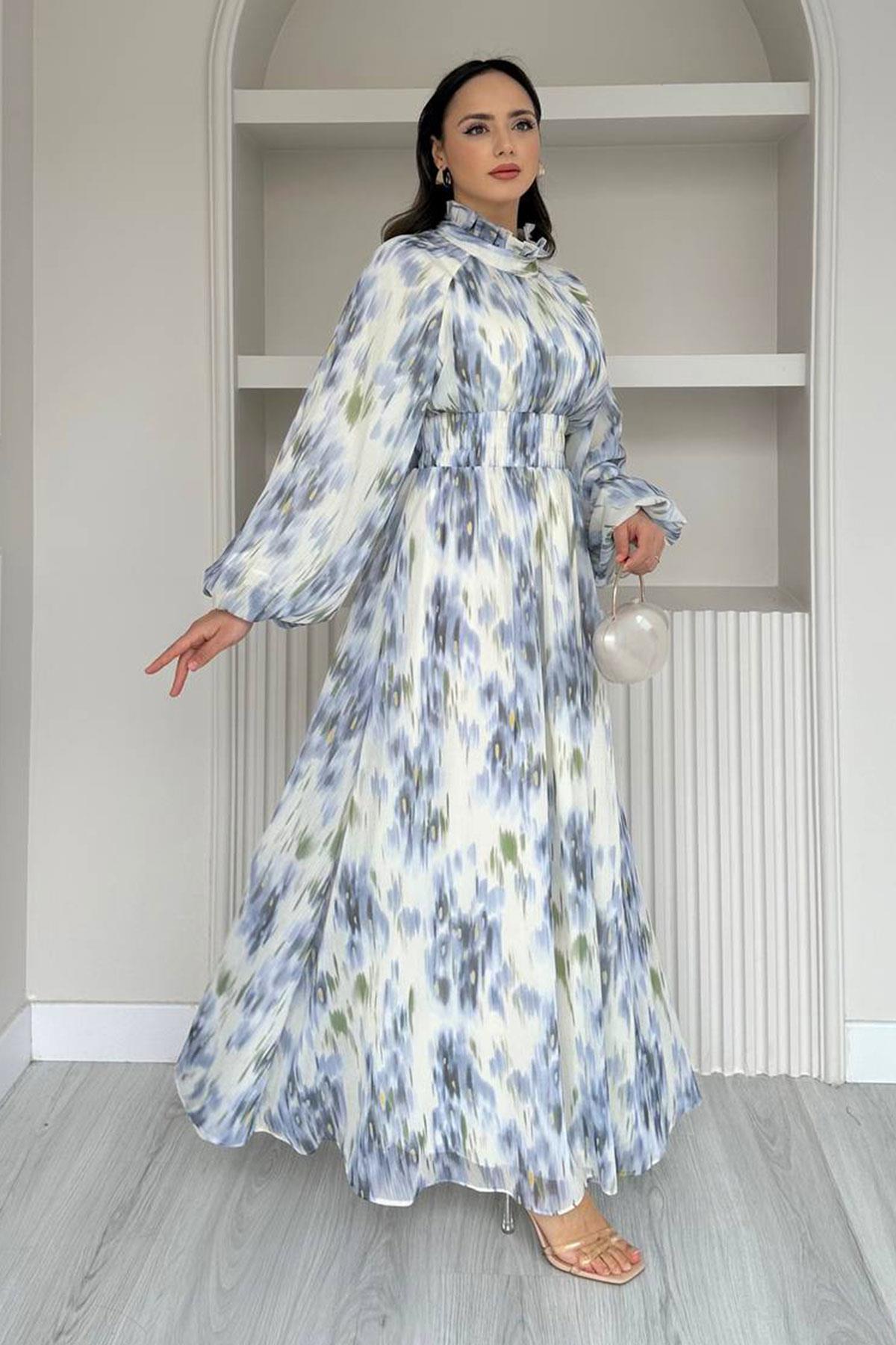 Pastel Desen Şifon Elbise-Mavi