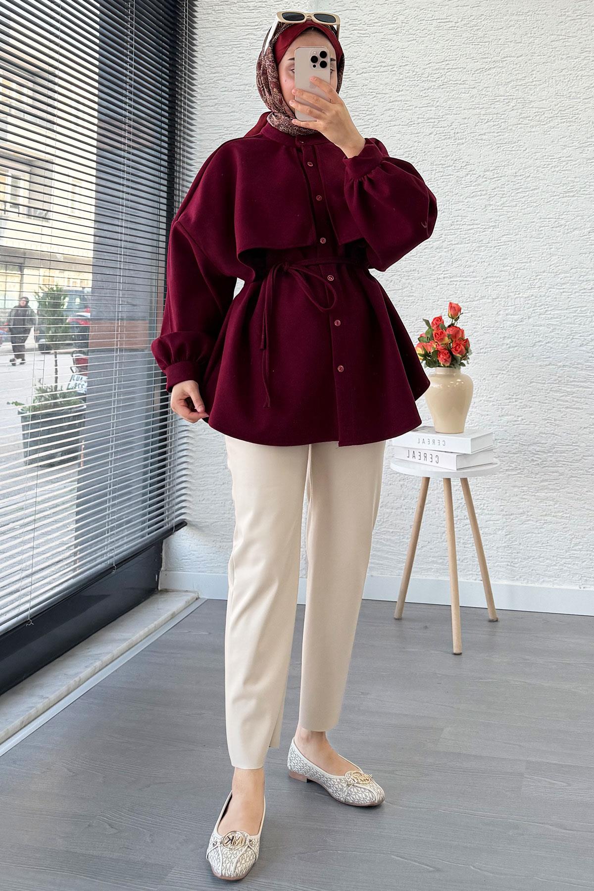 Pelerin Detaylı Önden Düğmeli Kaşe Gömlek – Bordo