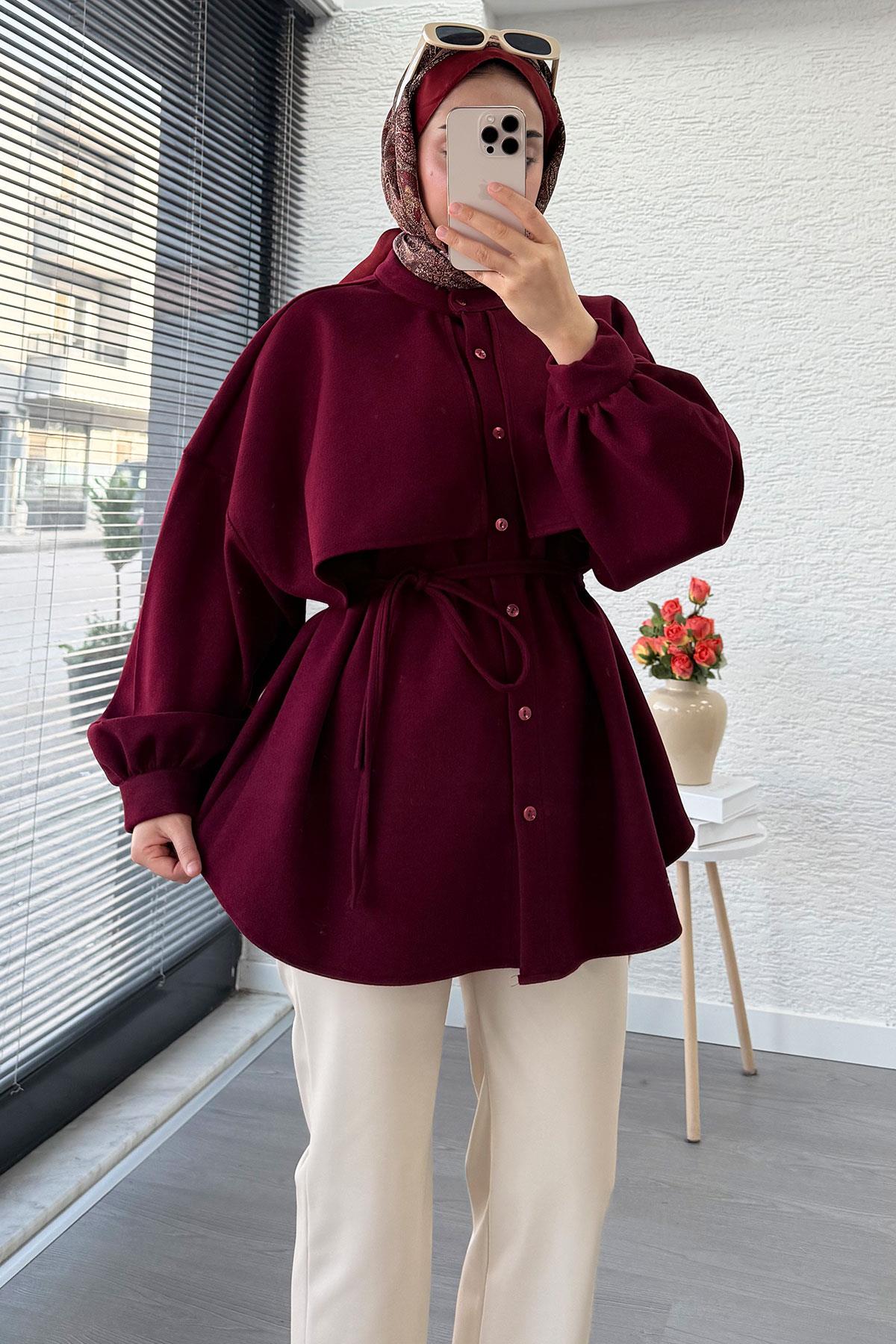 Pelerin Detaylı Önden Düğmeli Kaşe Gömlek – Bordo