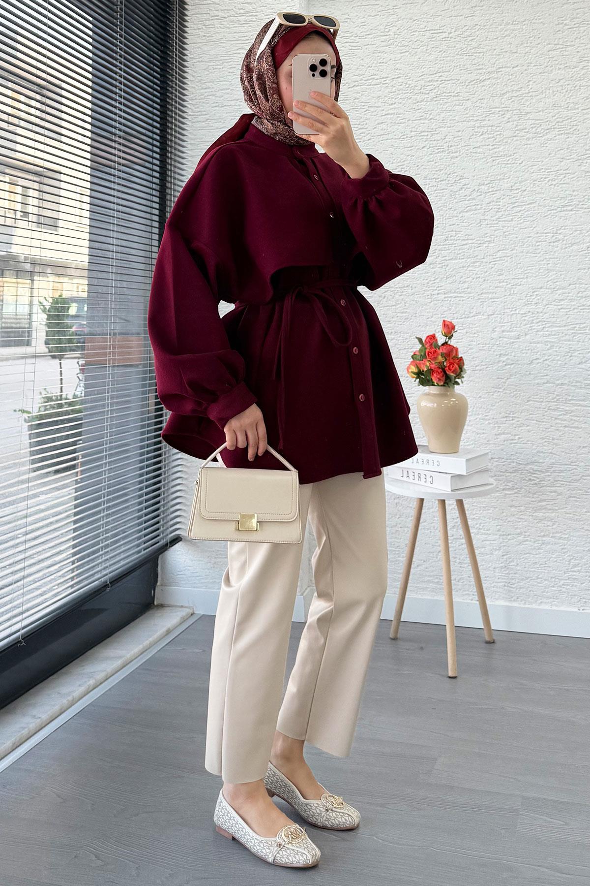 Pelerin Detaylı Önden Düğmeli Kaşe Gömlek – Bordo