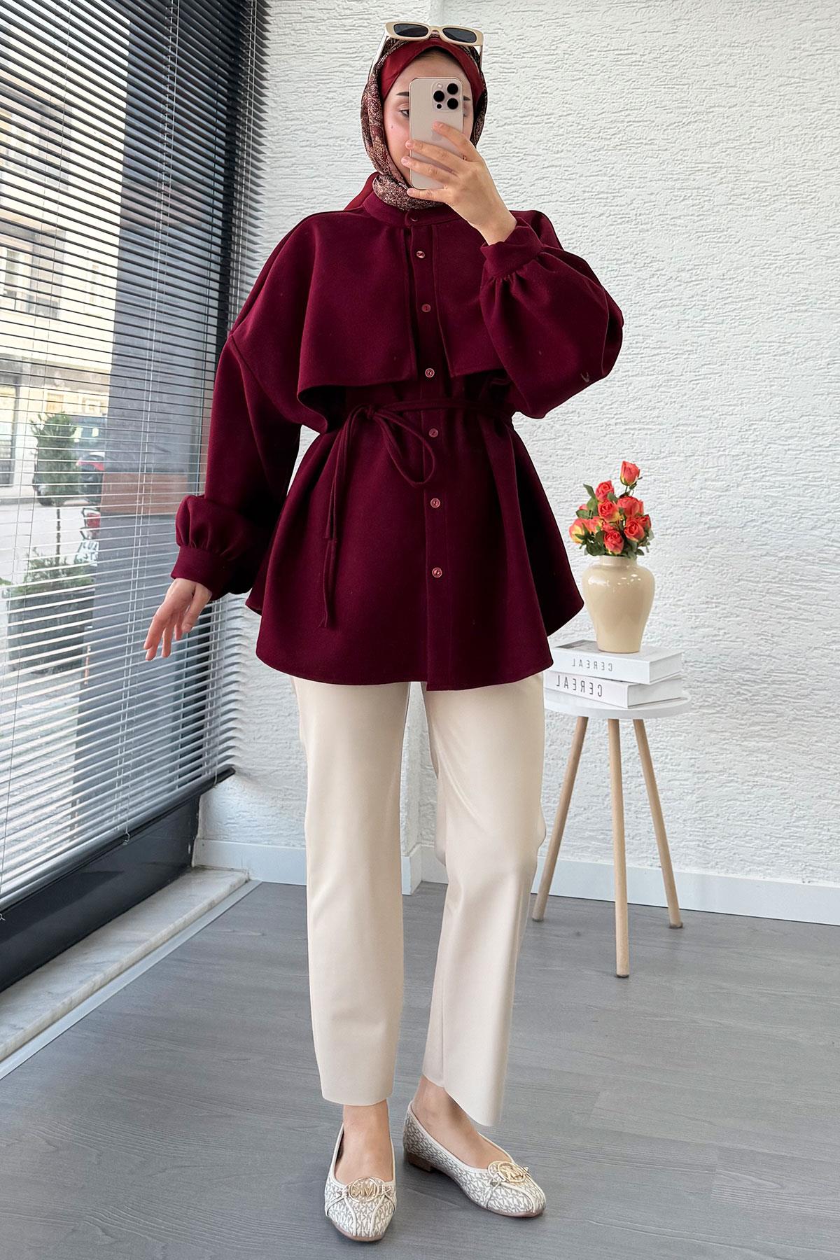 Pelerin Detaylı Önden Düğmeli Kaşe Gömlek – Bordo