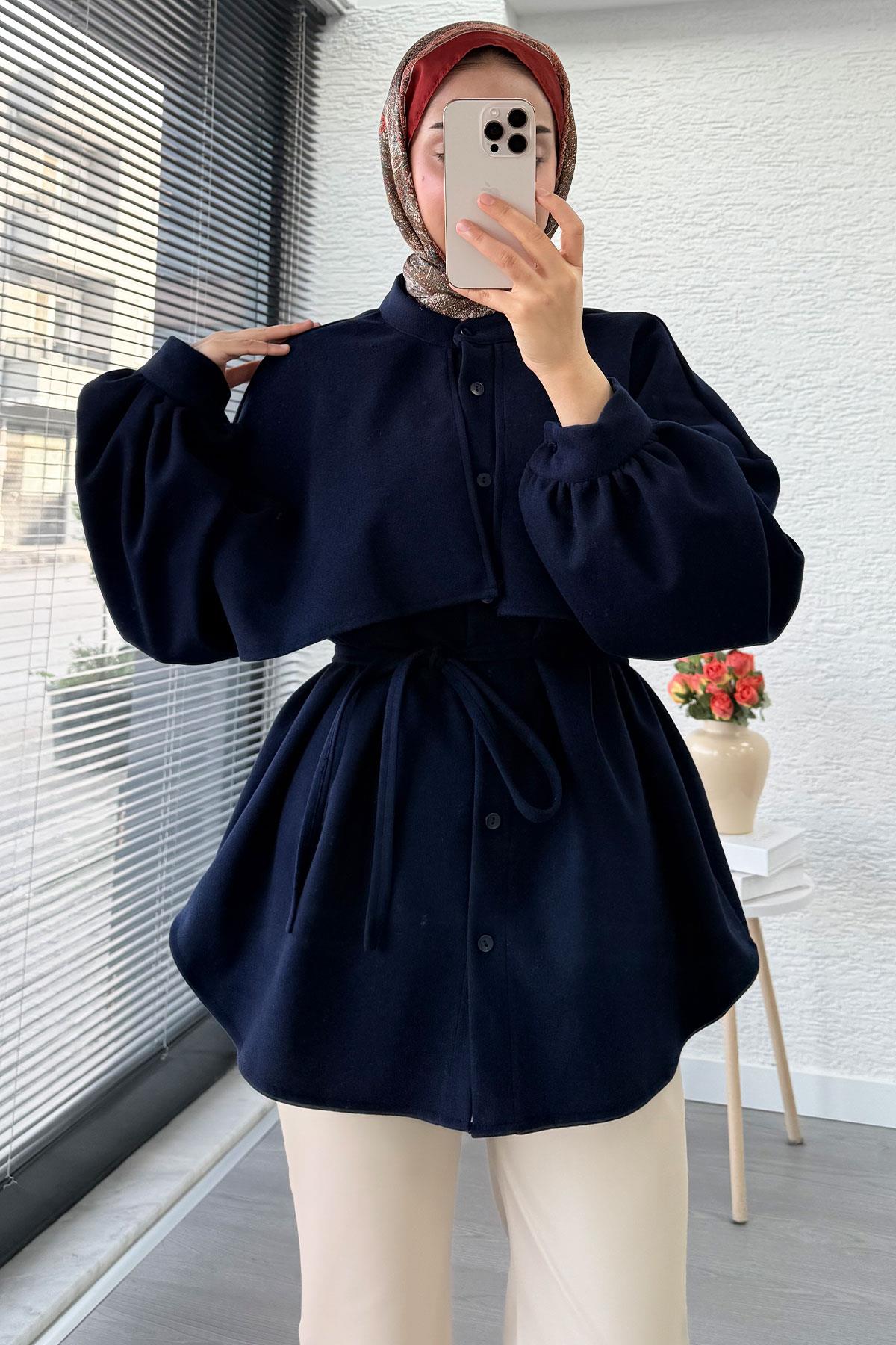 Pelerin Detaylı Önden Düğmeli Kaşe Gömlek – Lacivert