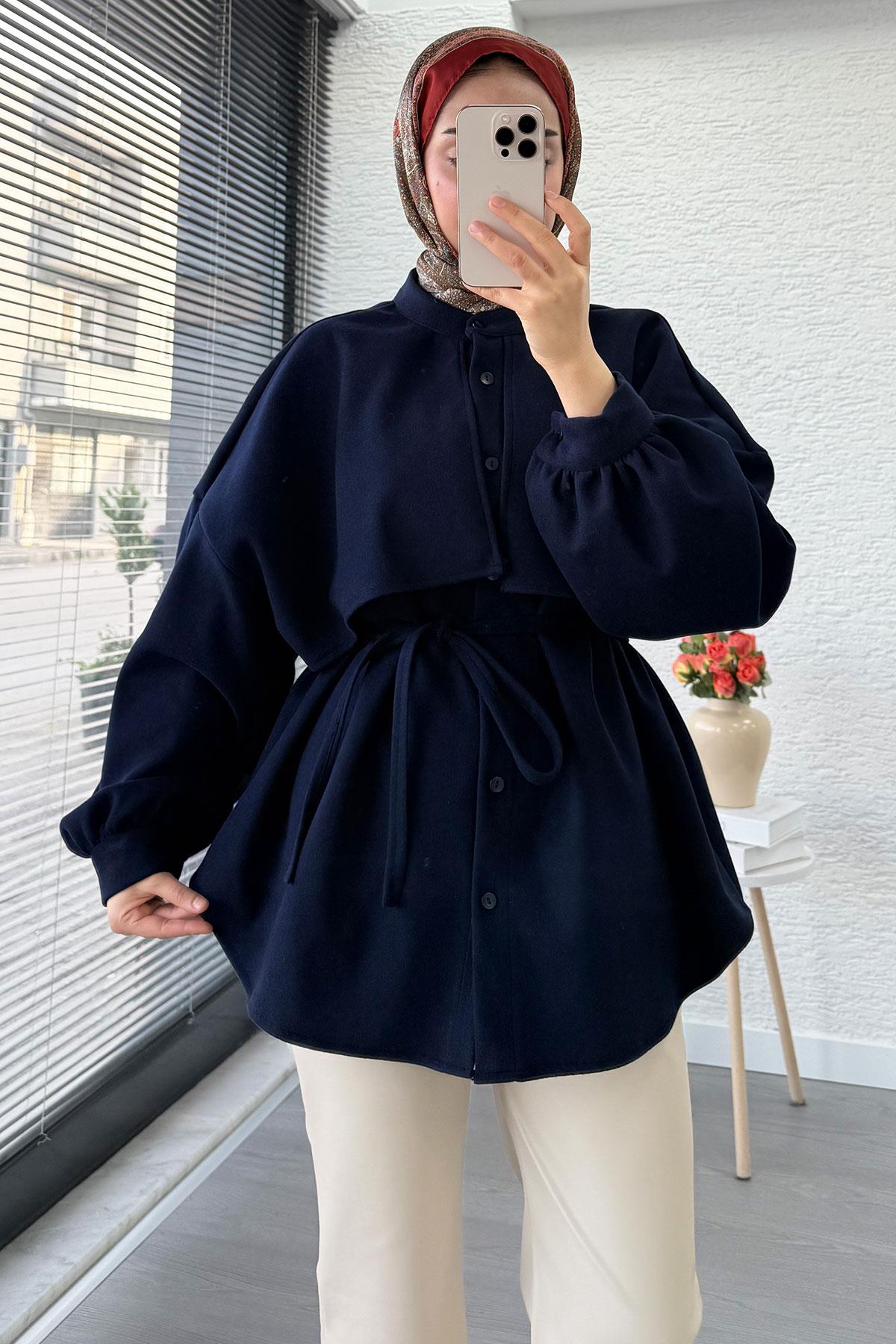 Pelerin Detaylı Önden Düğmeli Kaşe Gömlek – Lacivert