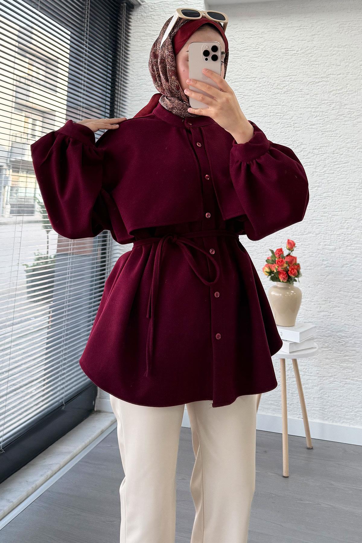 Pelerin Detaylı Önden Düğmeli Kaşe Gömlek – Bordo