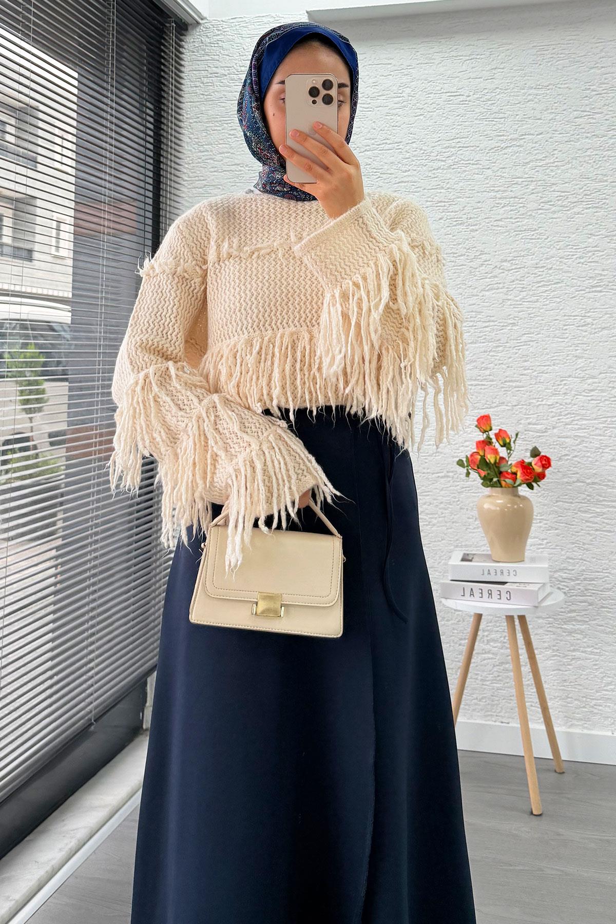 Pelerin Detaylı Yandan Bağlamalı Kloş Scuba Etek – Lacivert