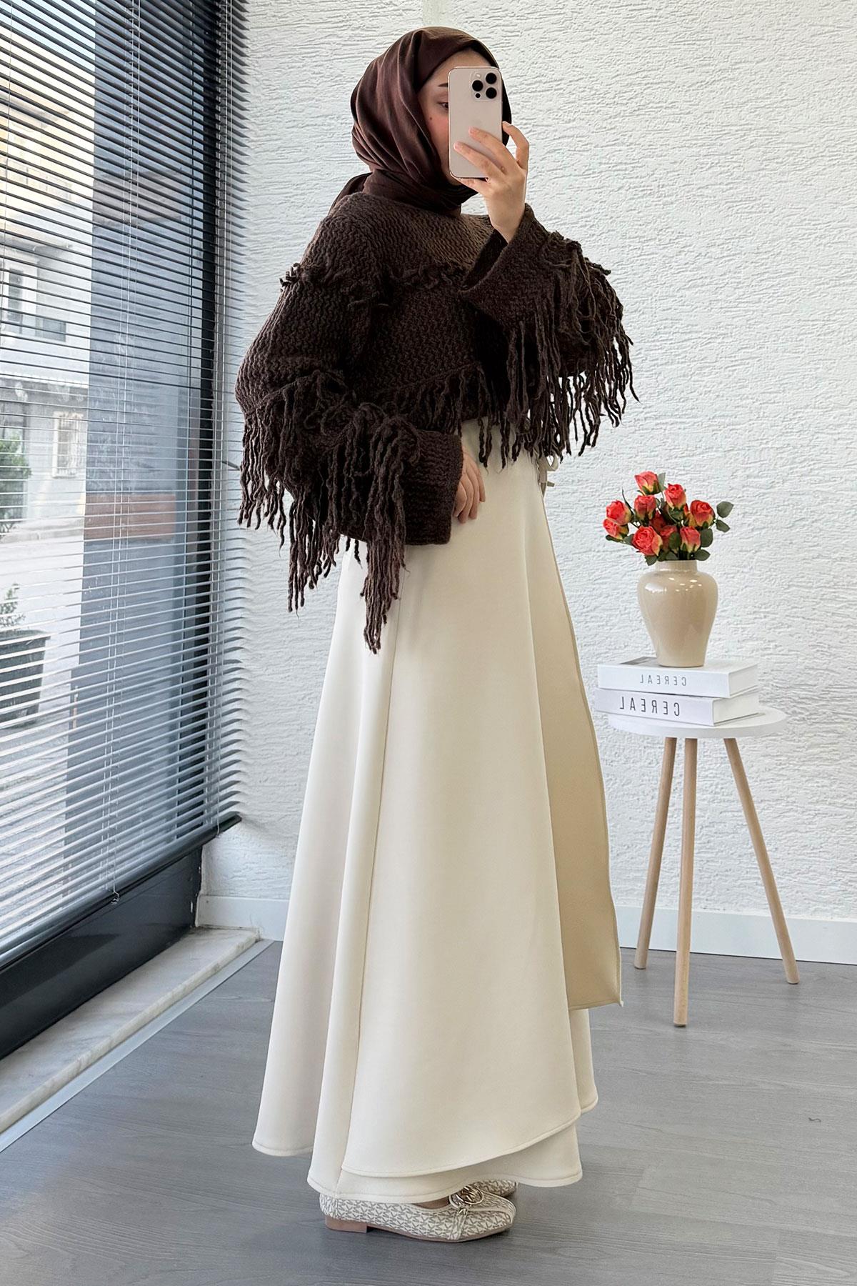 Pelerin Detaylı Yandan Bağlamalı Kloş Scuba Etek – Taş