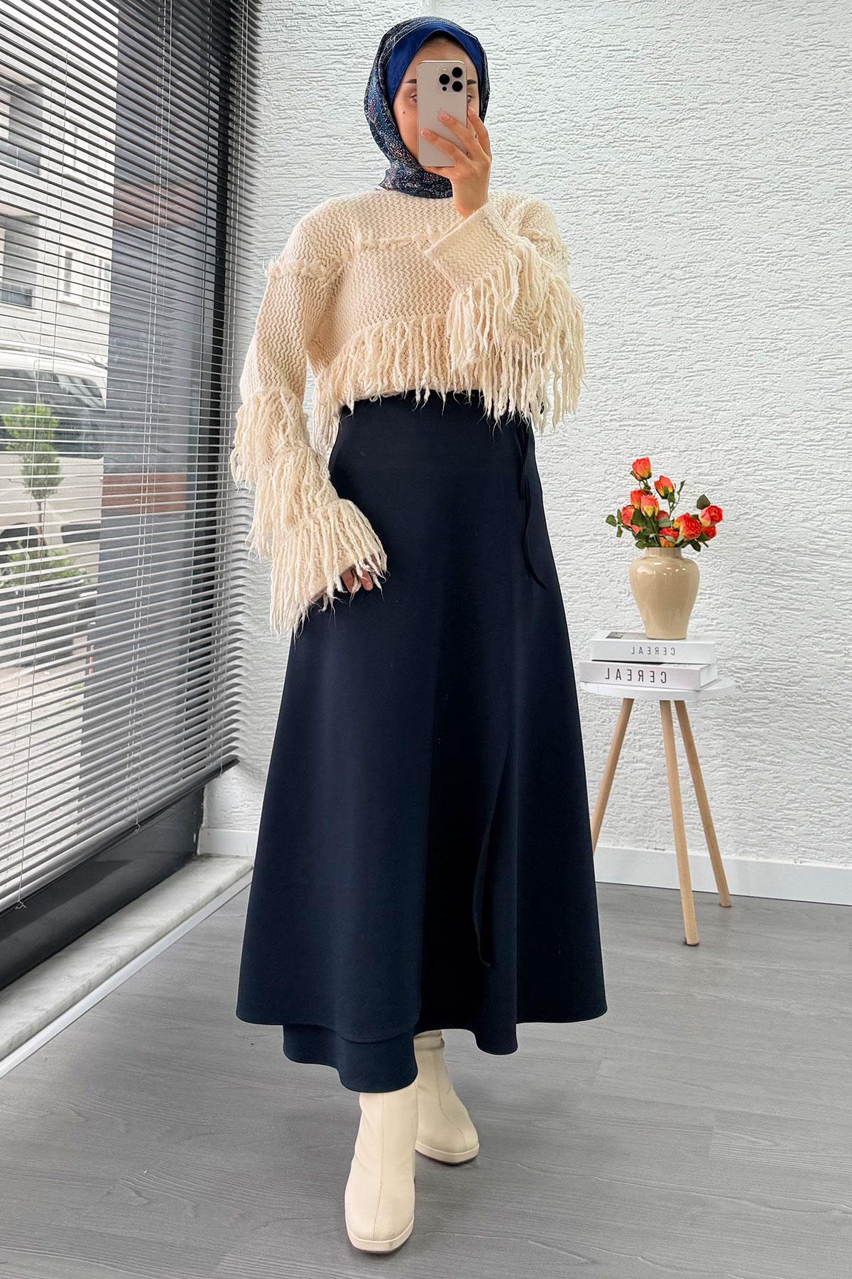 Pelerin Detaylı Yandan Bağlamalı Kloş Scuba Etek – Lacivert