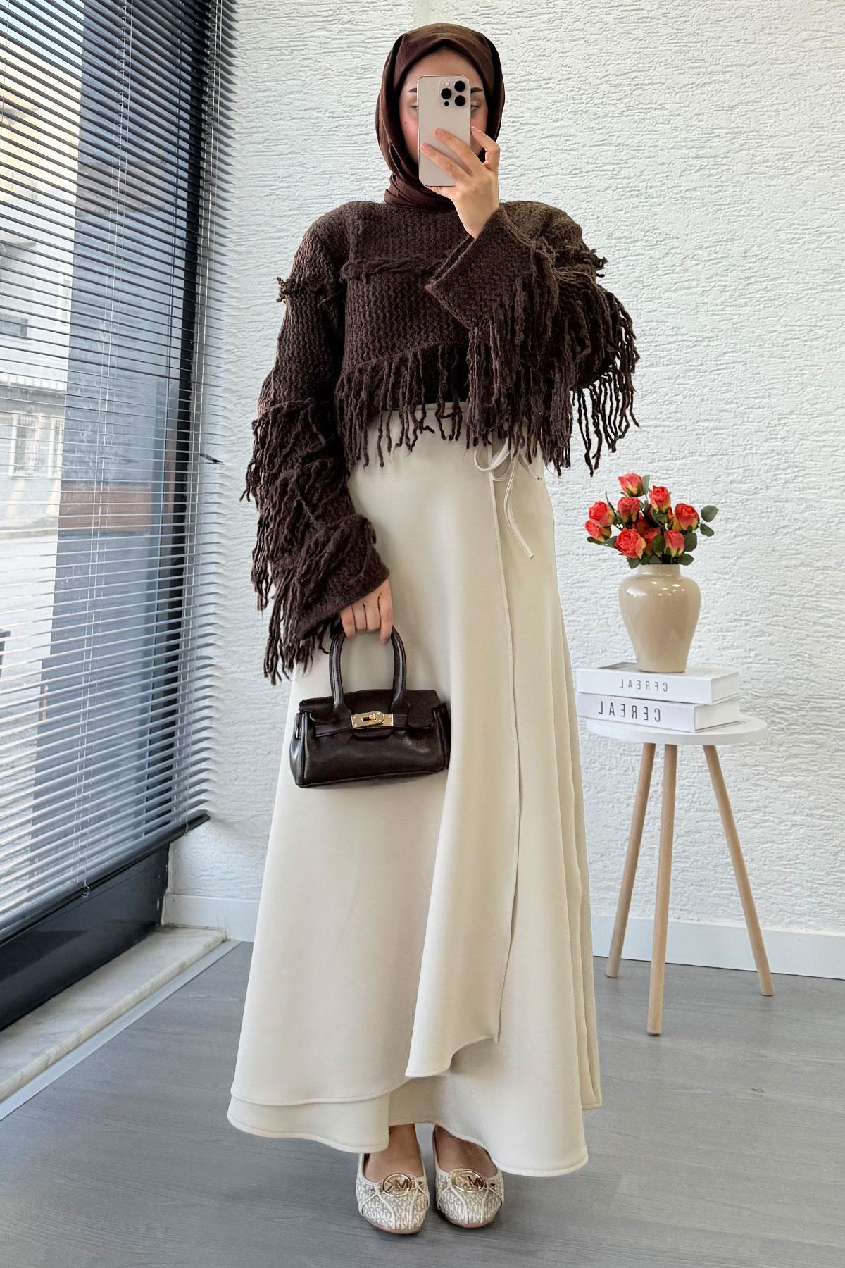 Pelerin Detaylı Yandan Bağlamalı Kloş Scuba Etek – Taş