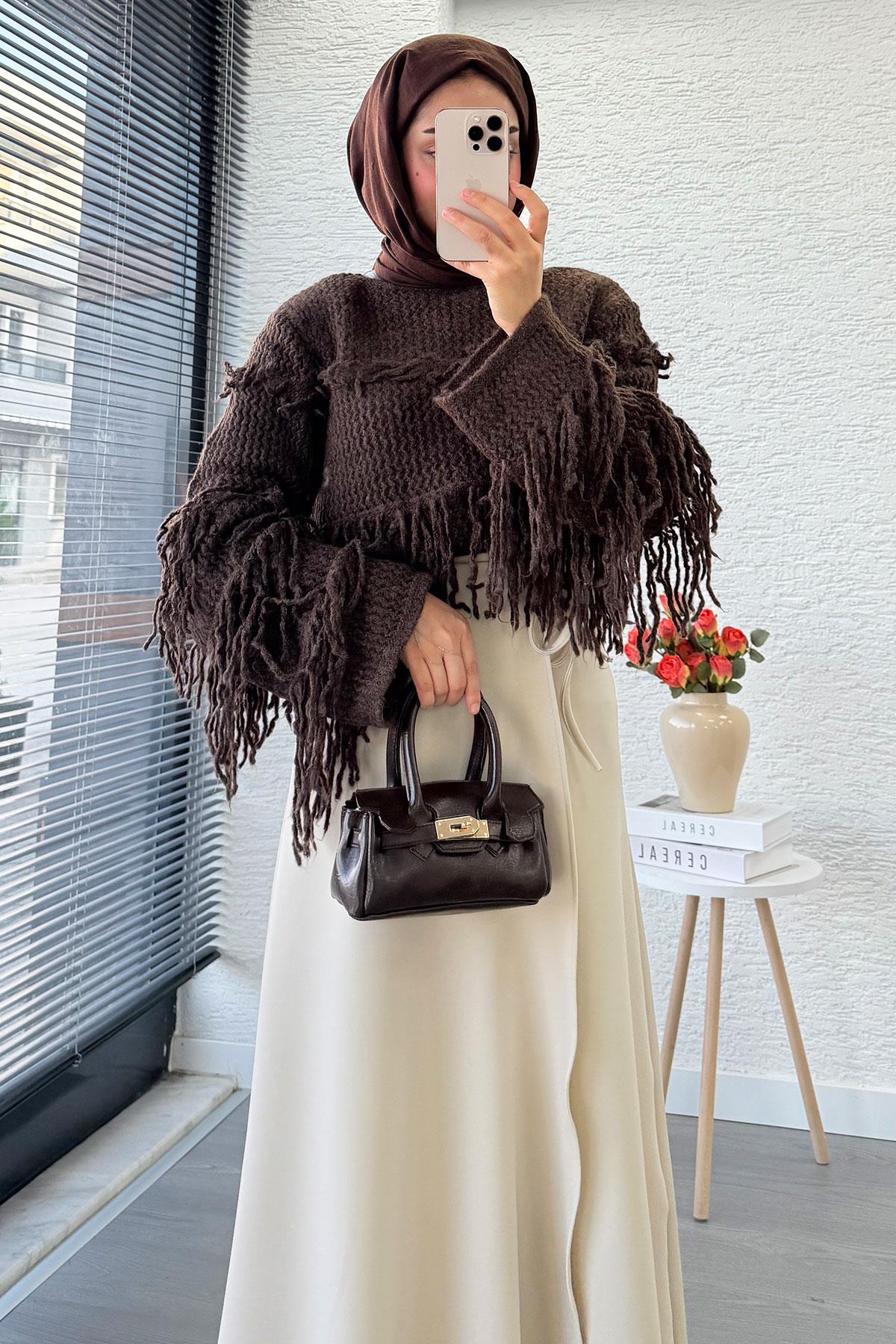 Pelerin Detaylı Yandan Bağlamalı Kloş Scuba Etek – Taş