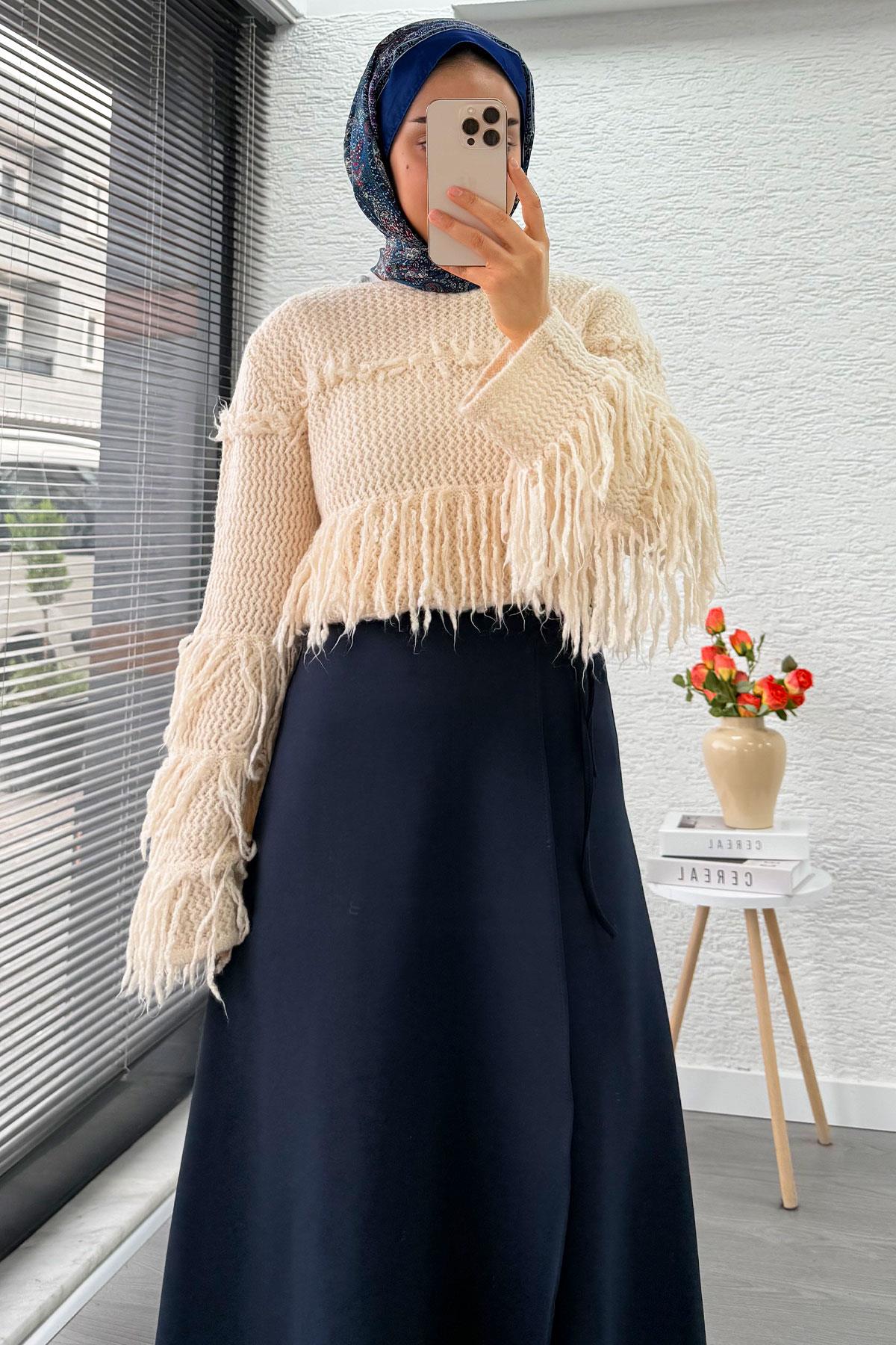 Pelerin Detaylı Yandan Bağlamalı Kloş Scuba Etek – Lacivert