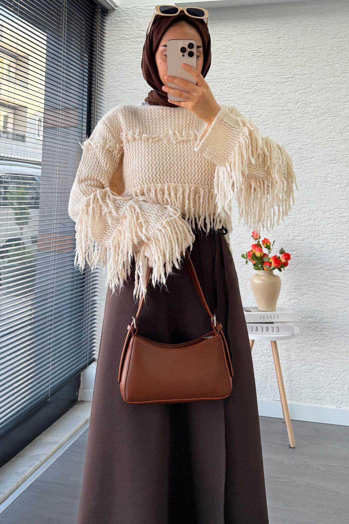 Pelerin Detaylı Yandan Bağlamalı Kloş Scuba Etek – Kahverengi