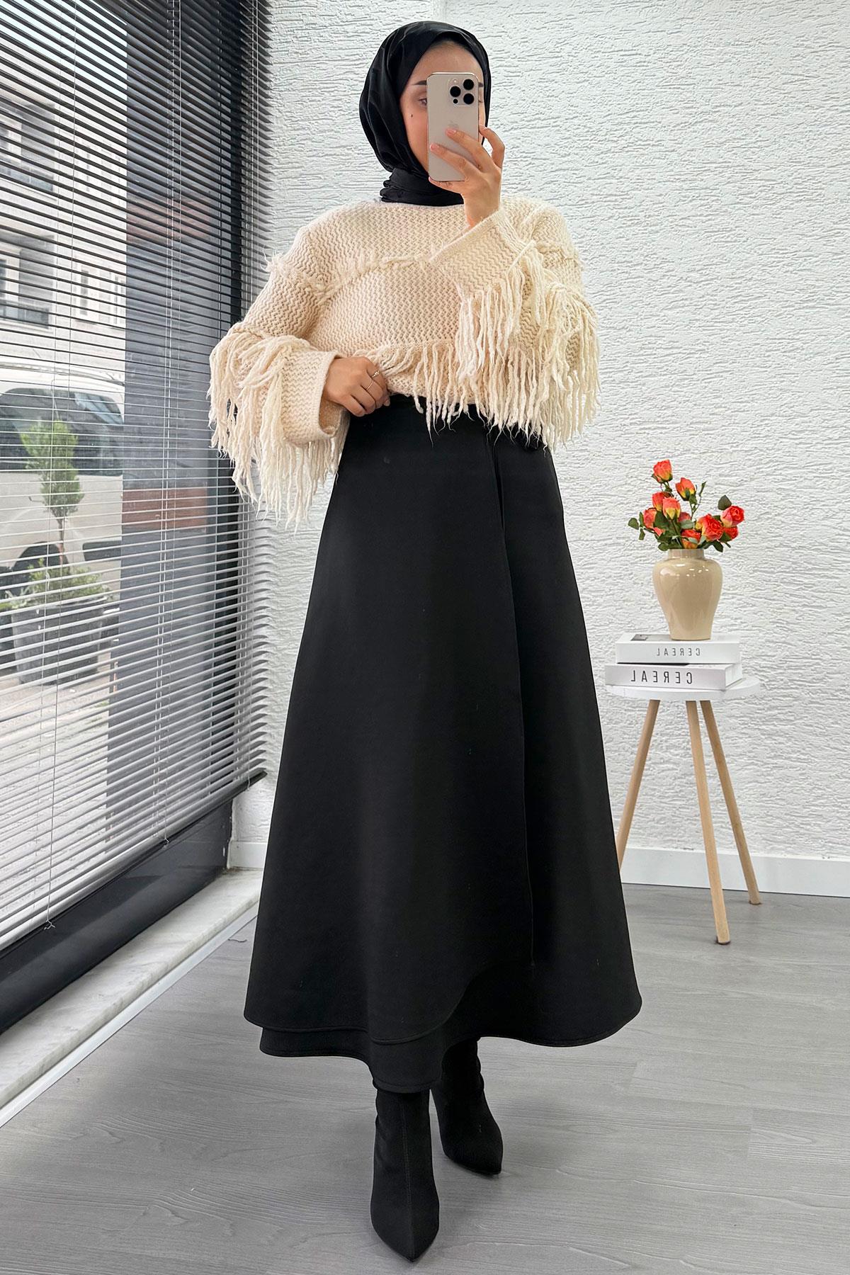 Pelerin Detaylı Yandan Bağlamalı Kloş Scuba Etek – Siyah