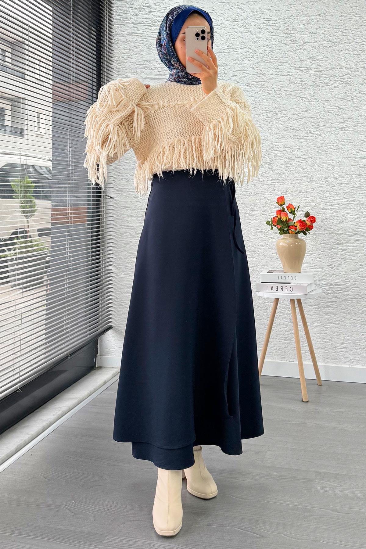 Pelerin Detaylı Yandan Bağlamalı Kloş Scuba Etek – Lacivert