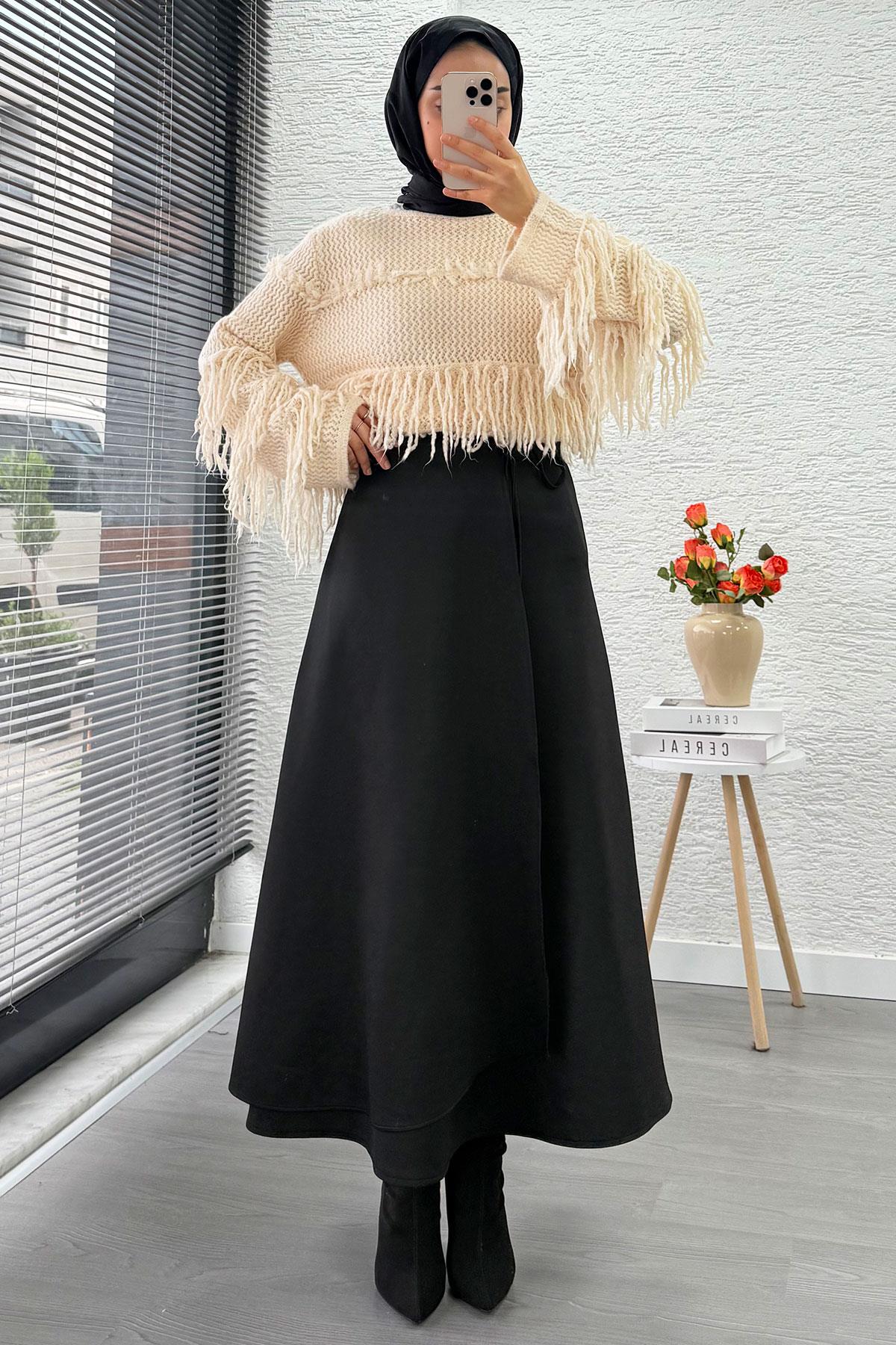 Pelerin Detaylı Yandan Bağlamalı Kloş Scuba Etek – Siyah