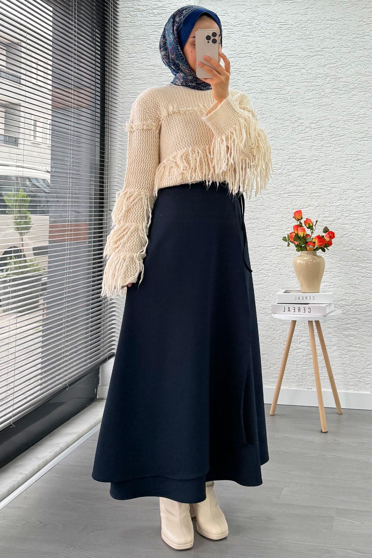 Pelerin Detaylı Yandan Bağlamalı Kloş Scuba Etek – Lacivert