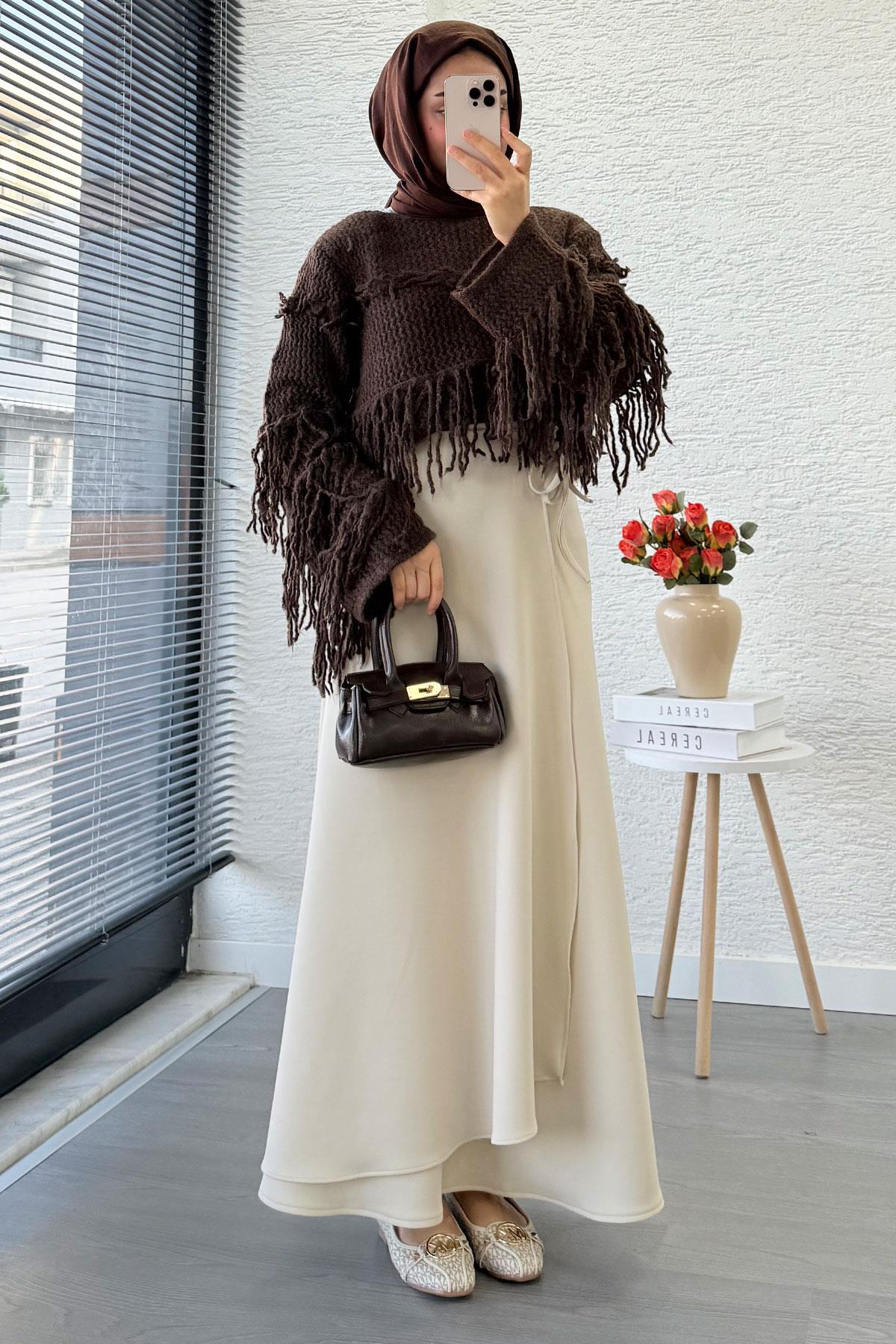 Pelerin Detaylı Yandan Bağlamalı Kloş Scuba Etek – Taş