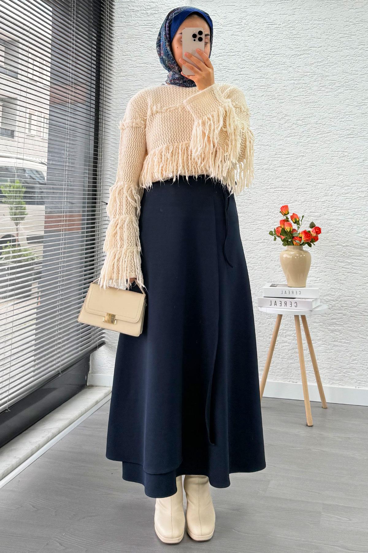 Pelerin Detaylı Yandan Bağlamalı Kloş Scuba Etek – Lacivert