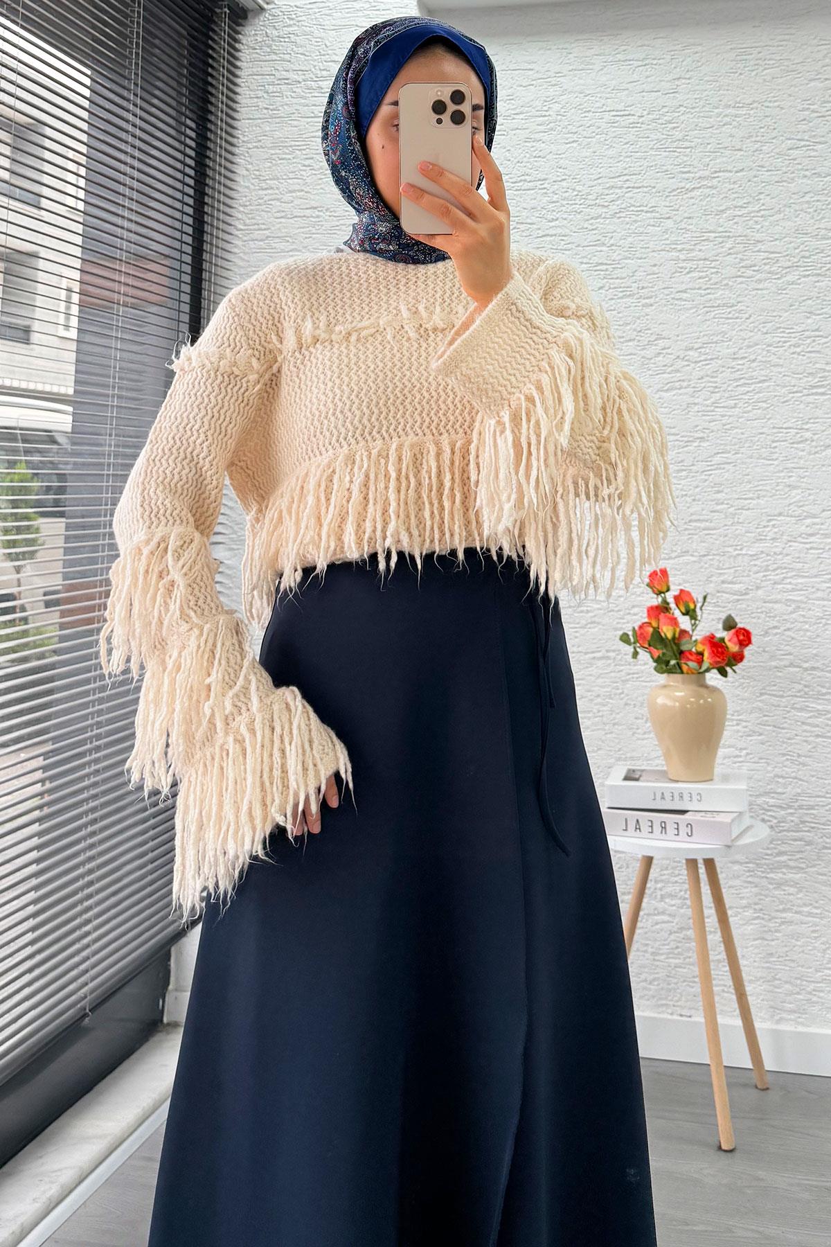 Pelerin Detaylı Yandan Bağlamalı Kloş Scuba Etek – Lacivert