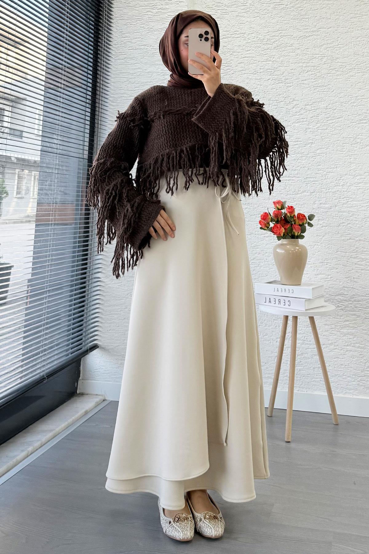 Pelerin Detaylı Yandan Bağlamalı Kloş Scuba Etek – Taş