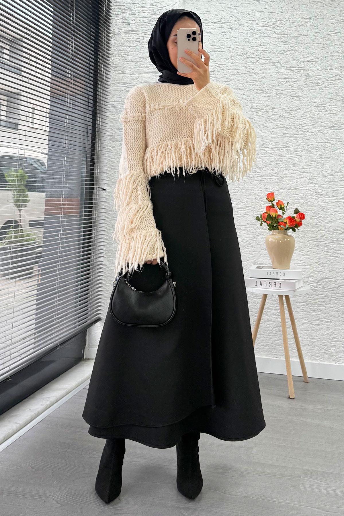 Pelerin Detaylı Yandan Bağlamalı Kloş Scuba Etek – Siyah