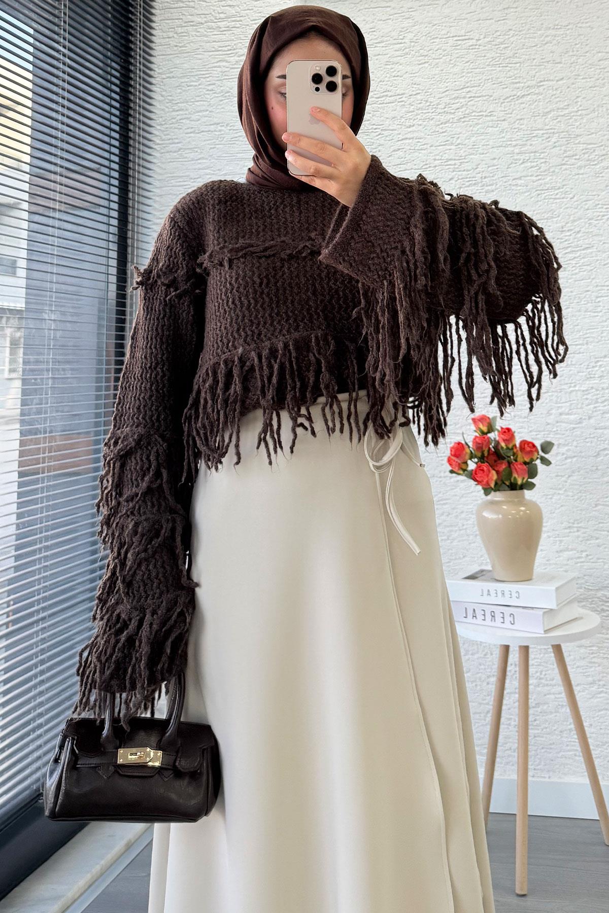 Pelerin Detaylı Yandan Bağlamalı Kloş Scuba Etek – Taş