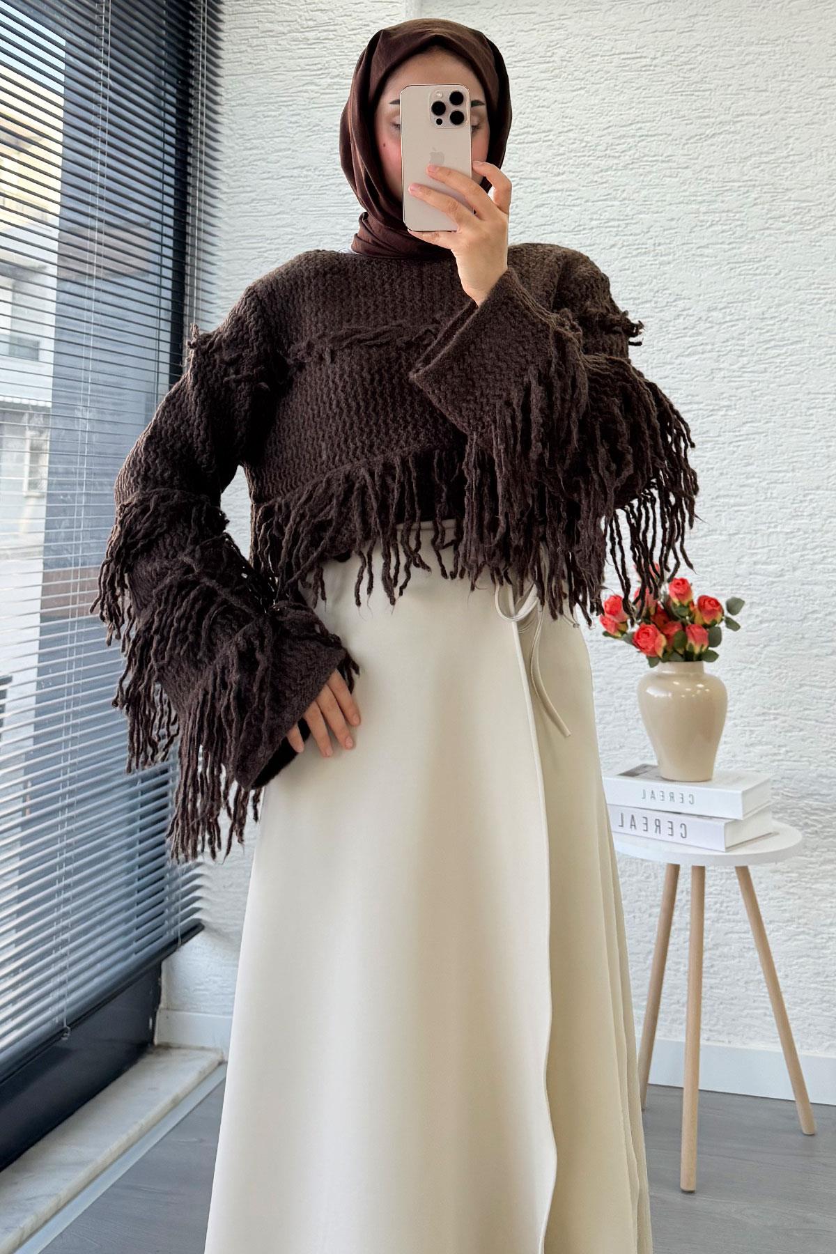 Pelerin Detaylı Yandan Bağlamalı Kloş Scuba Etek – Taş