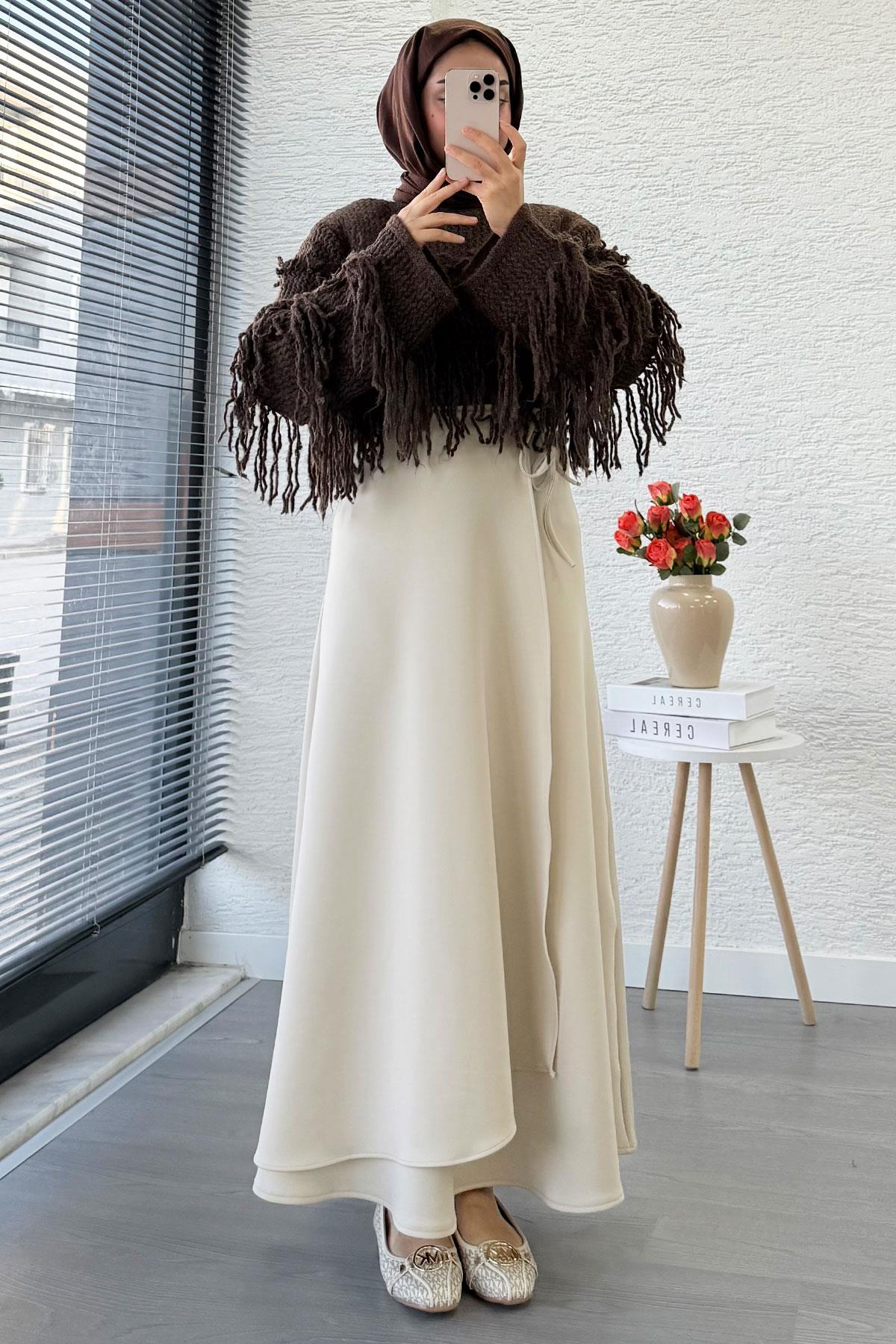 Pelerin Detaylı Yandan Bağlamalı Kloş Scuba Etek – Taş