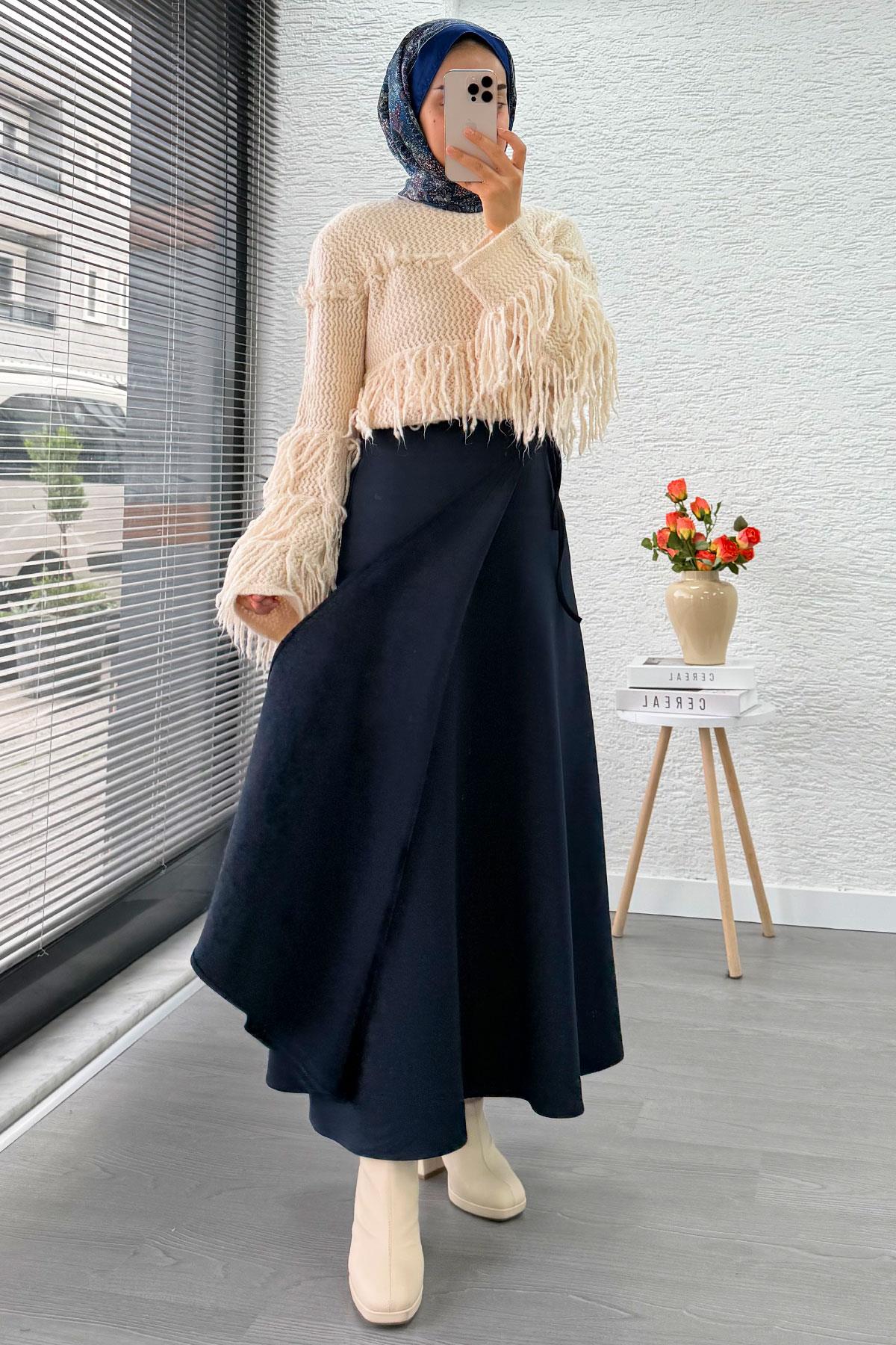 Pelerin Detaylı Yandan Bağlamalı Kloş Scuba Etek – Lacivert