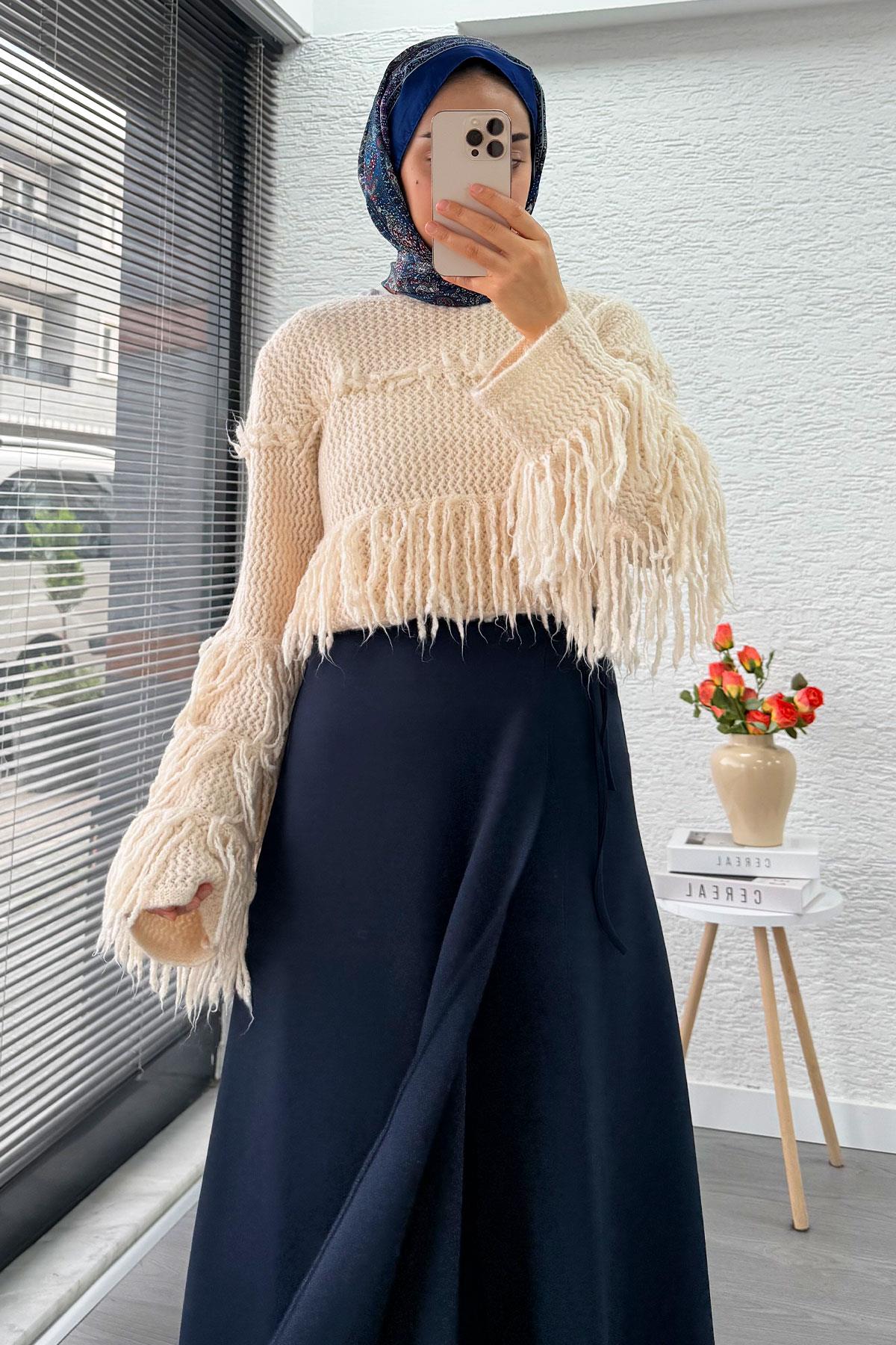 Pelerin Detaylı Yandan Bağlamalı Kloş Scuba Etek – Lacivert