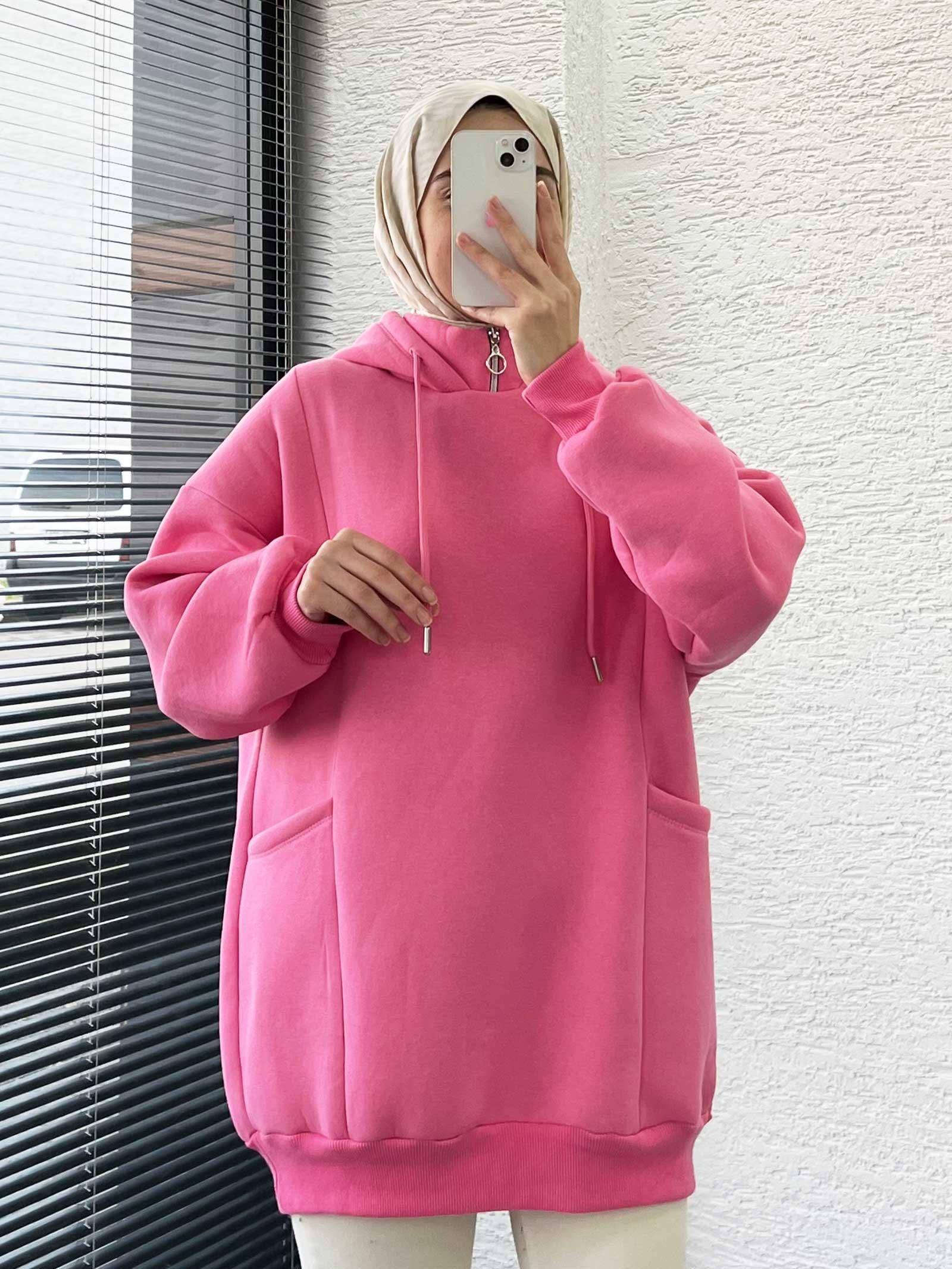 Pembe Cepli Oversize Kadın Sweat