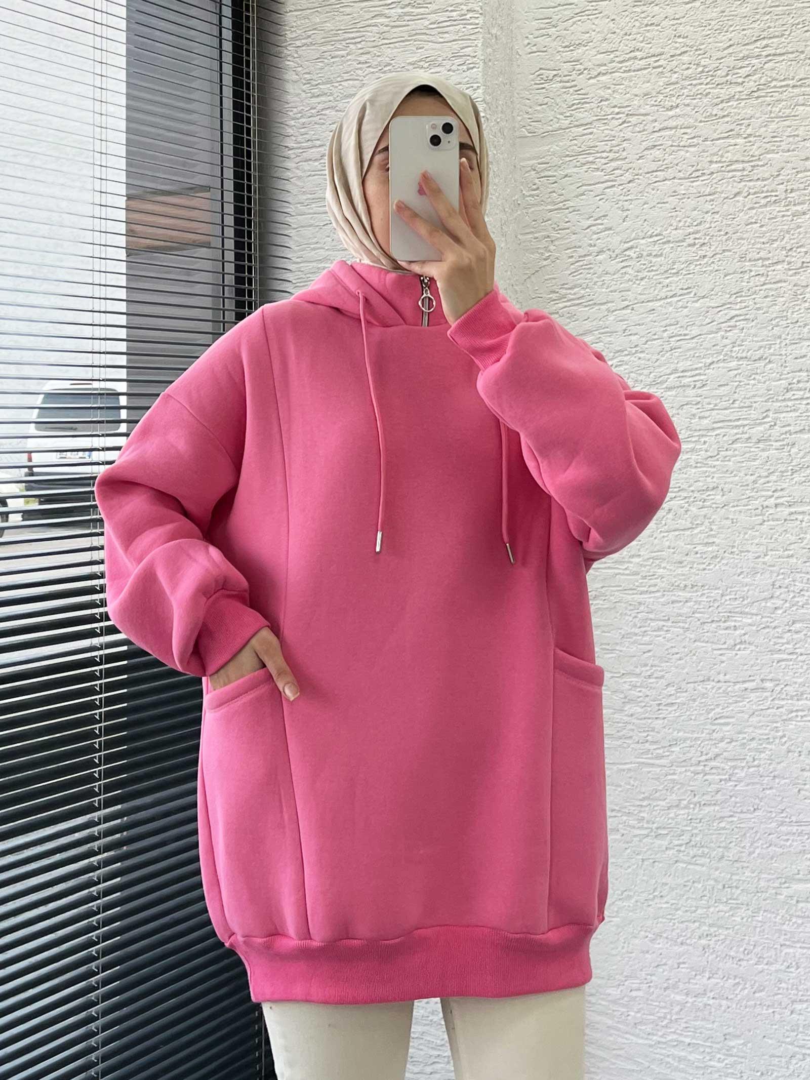 Pembe Cepli Oversize Kadın Sweat