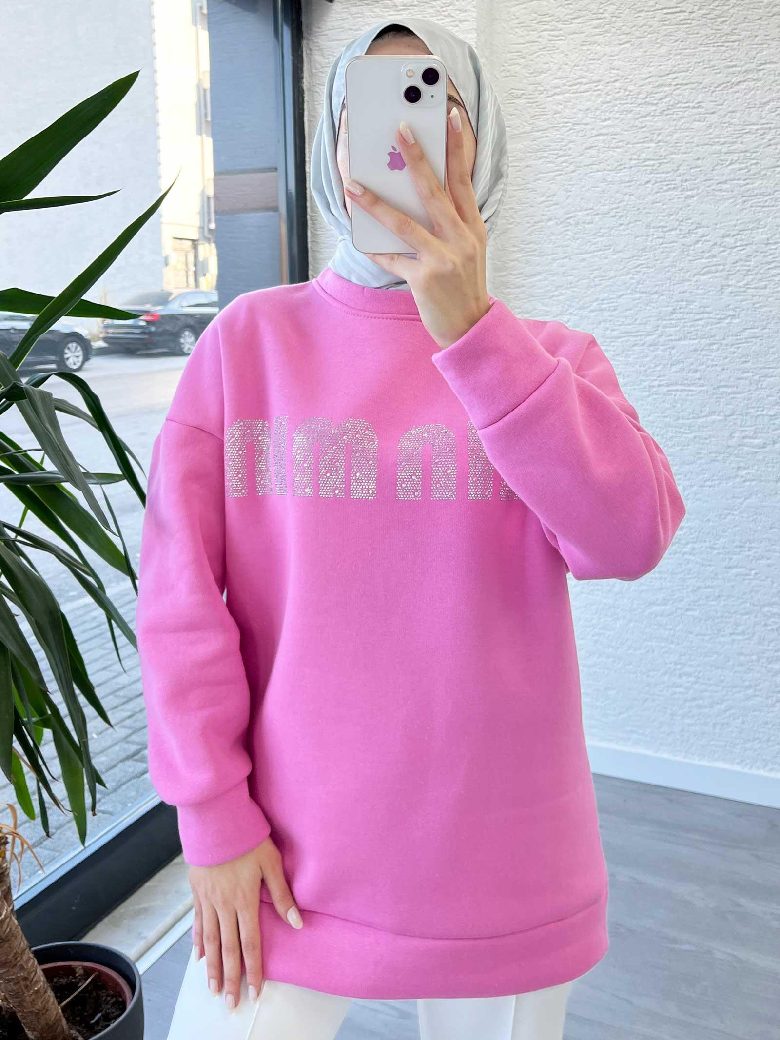Pembe Kadın Jardonlu Sweatshirt