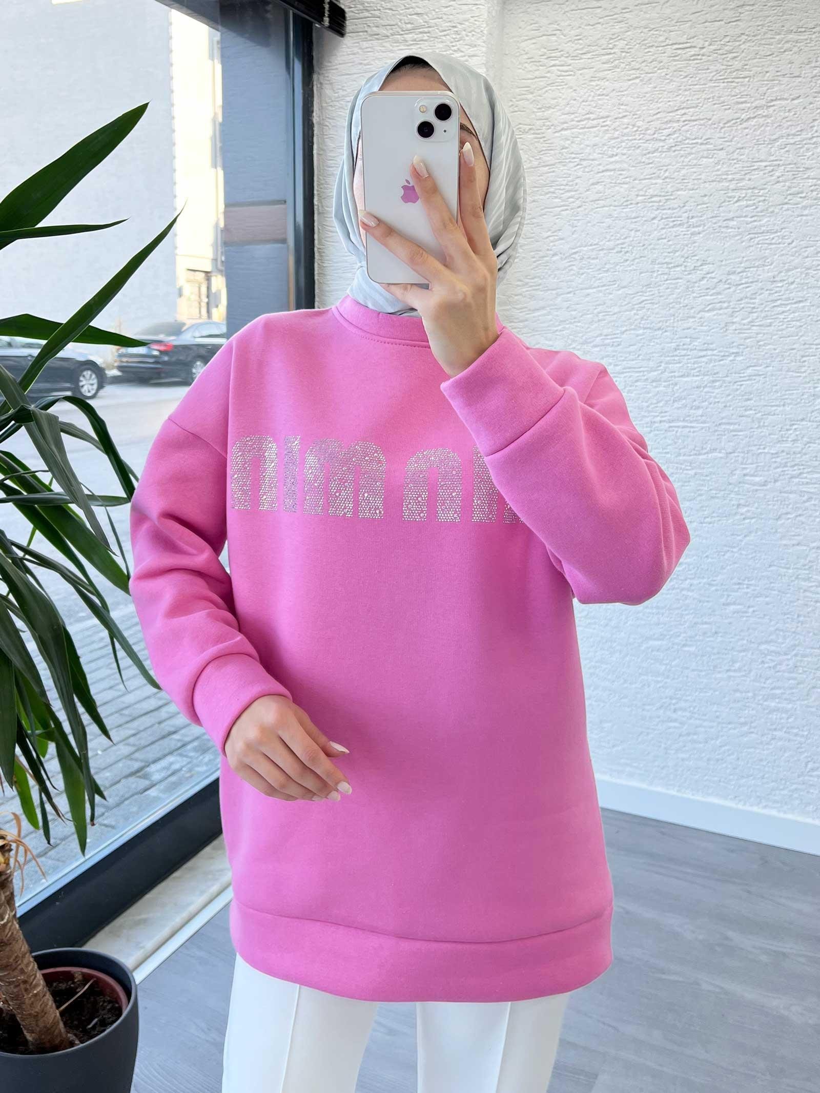 Pembe Kadın Jardonlu Sweatshirt