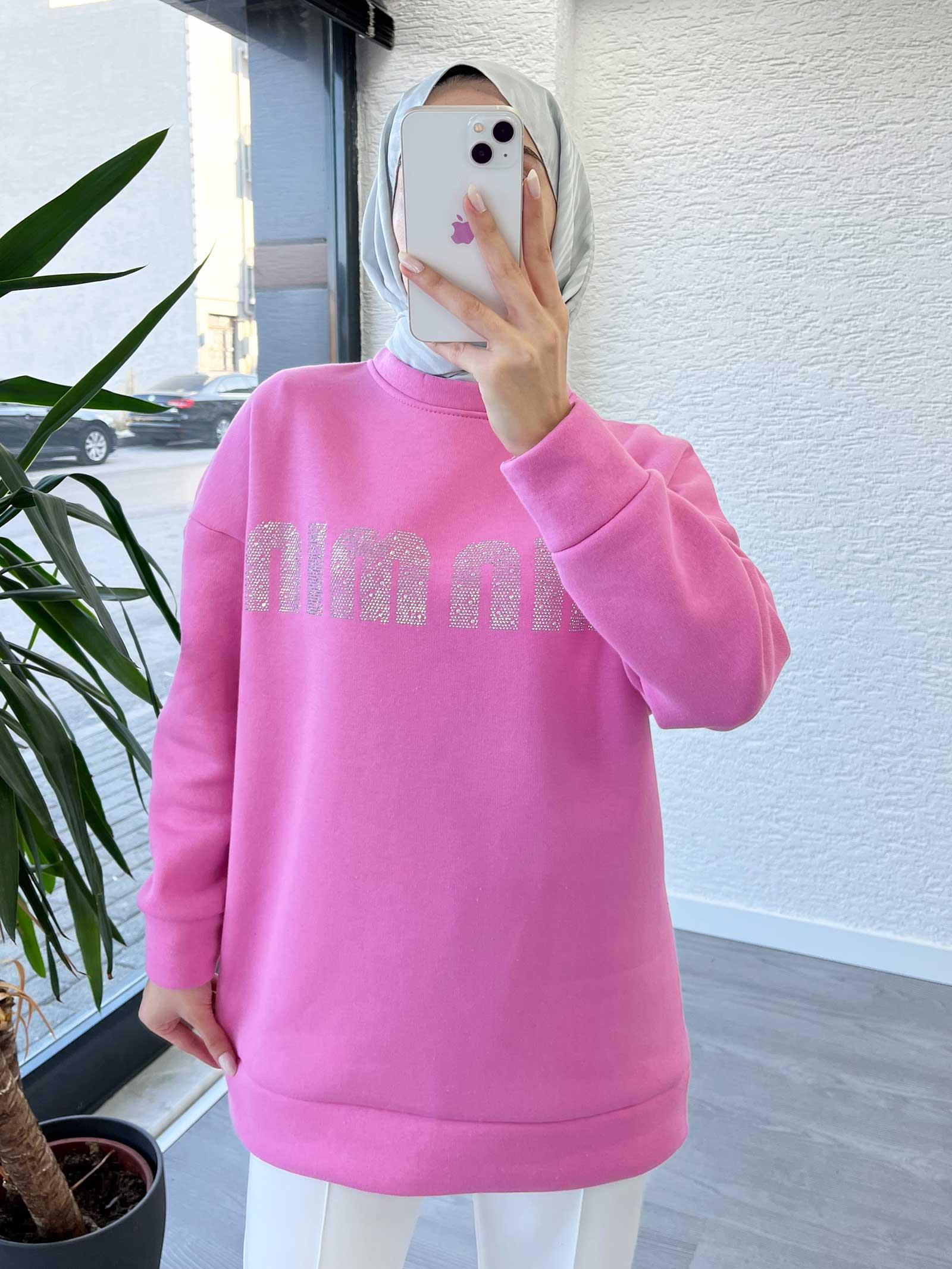Pembe Kadın Jardonlu Sweatshirt