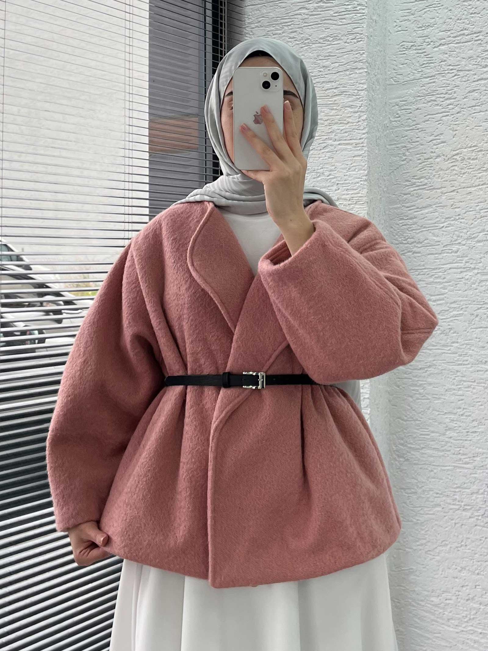 Pembe Kısa Oversize Kaşe Kaban