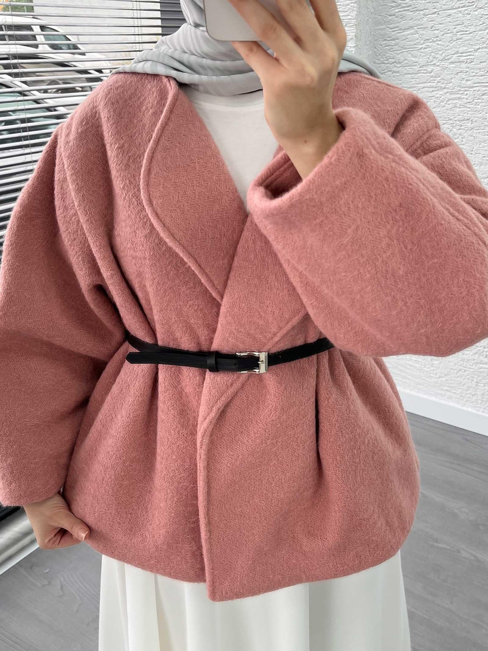 Pembe Kısa Oversize Kaşe Kaban