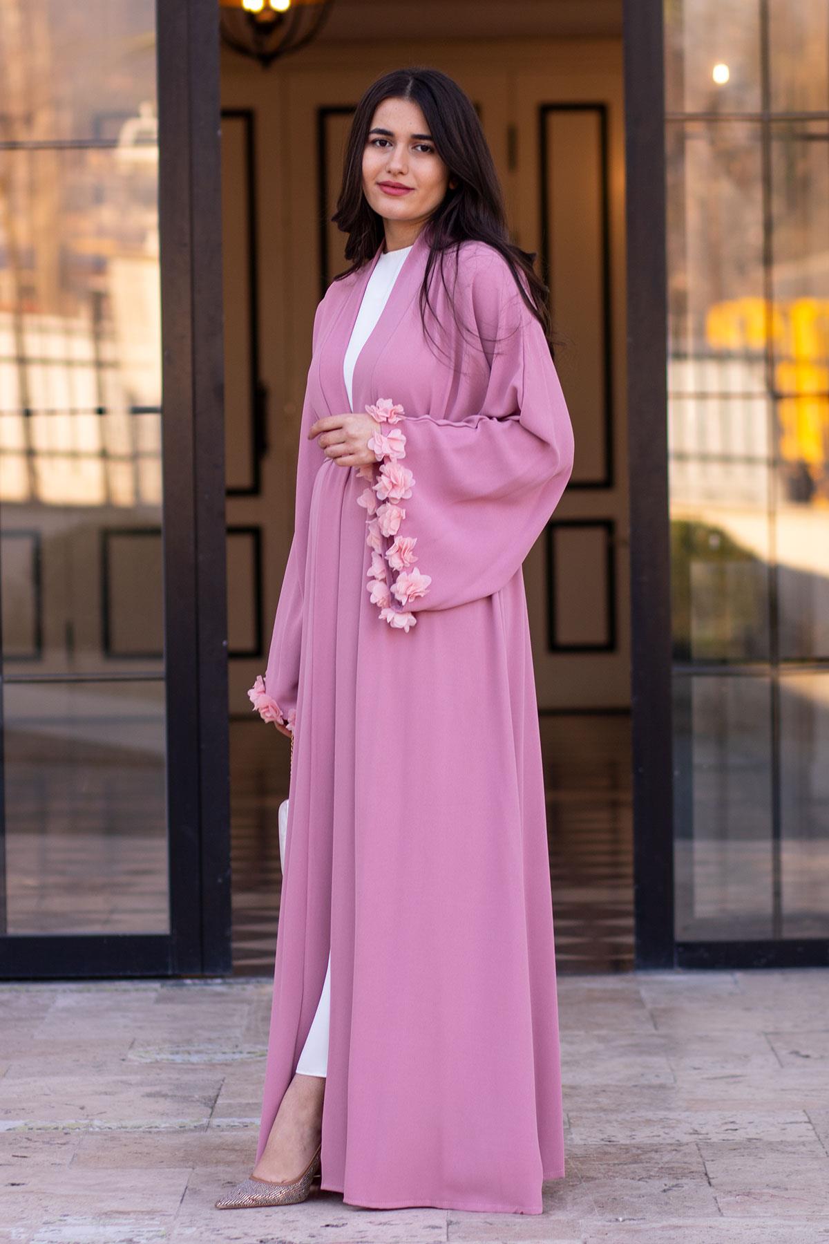 Pembe Kolu Çiçek Detaylı Zahra Abaya
