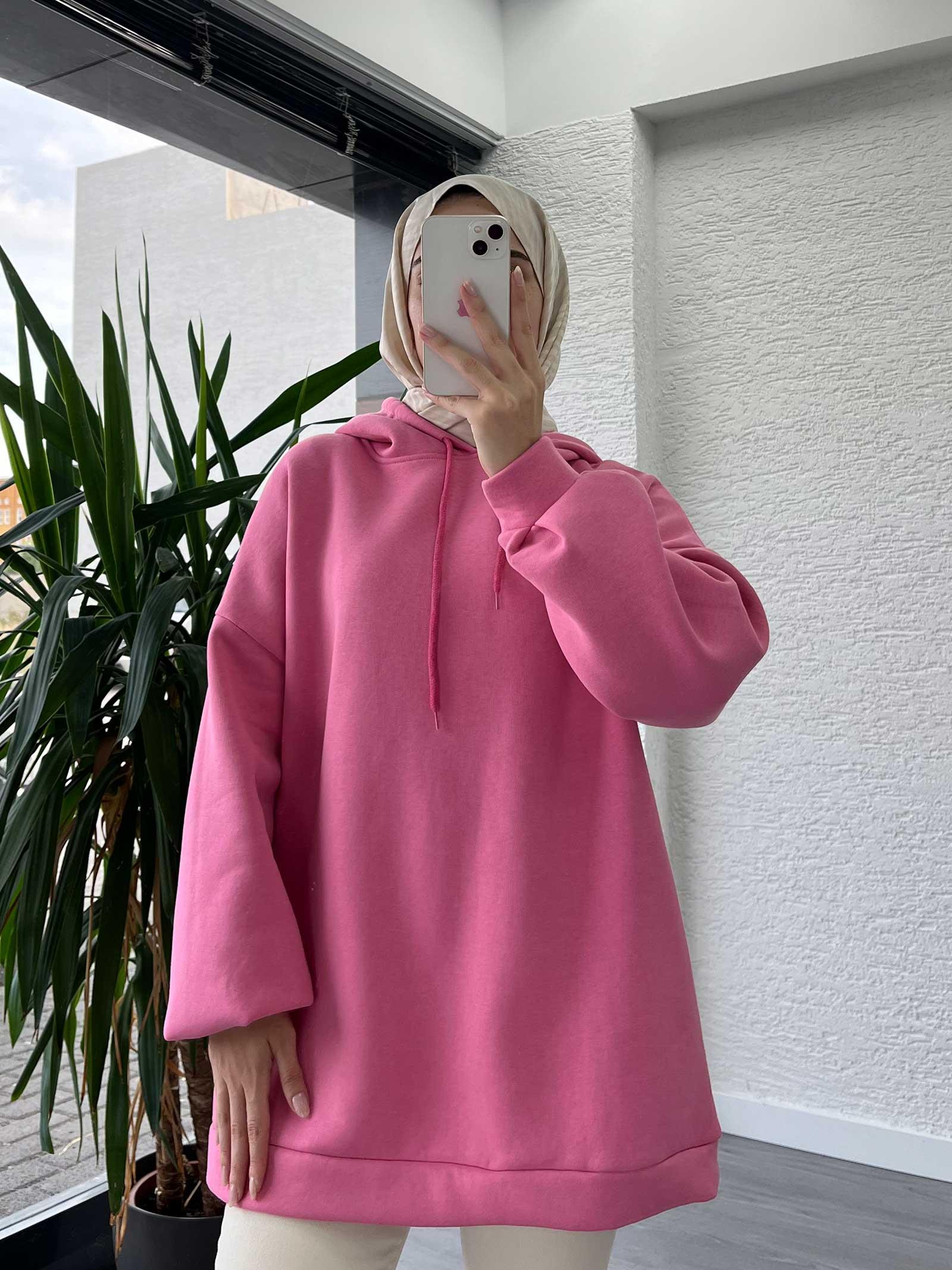 Pembe Oversize Kapüşonlu Sweat