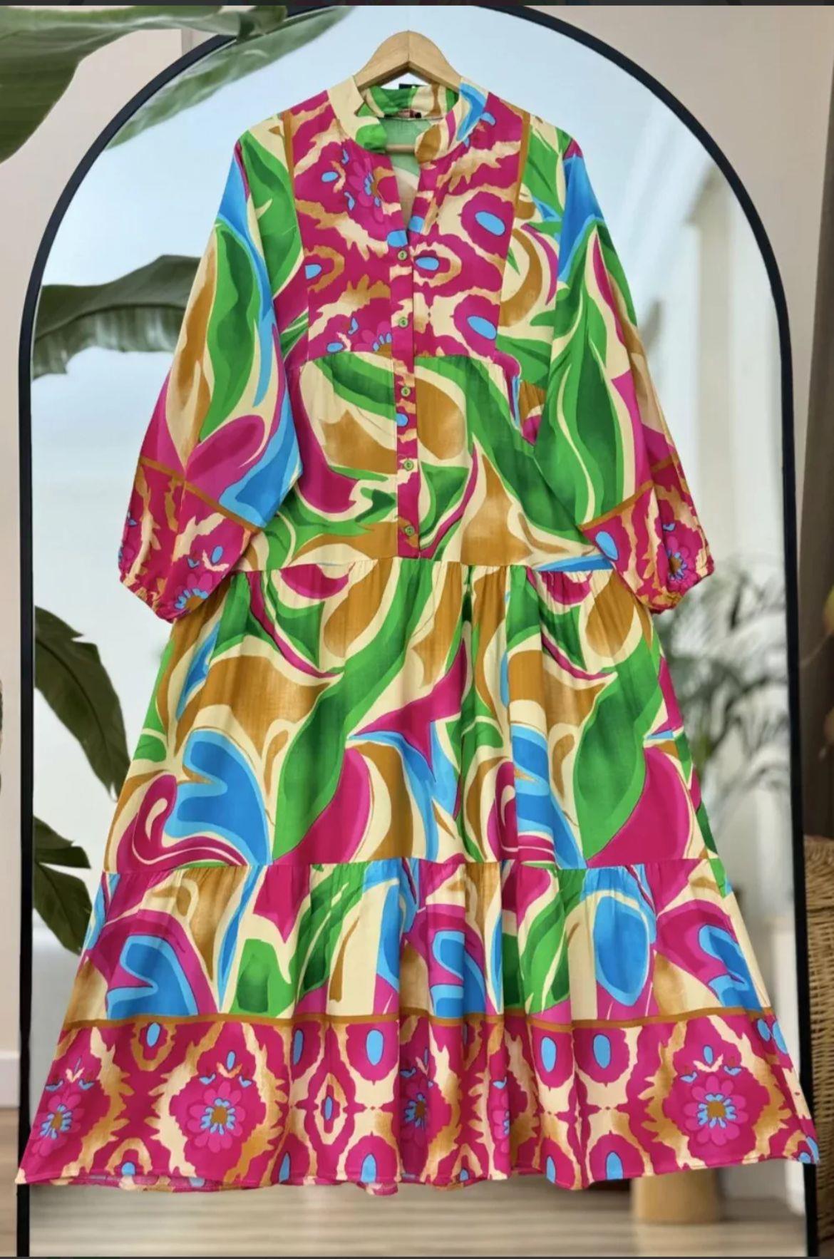 Pembe Pastel Desen Viskon Elbise