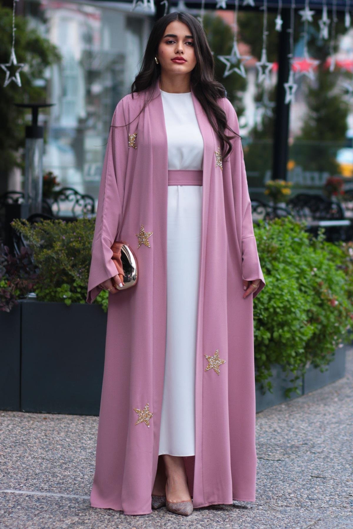 Pembe Yıldız Detaylı Abaya 