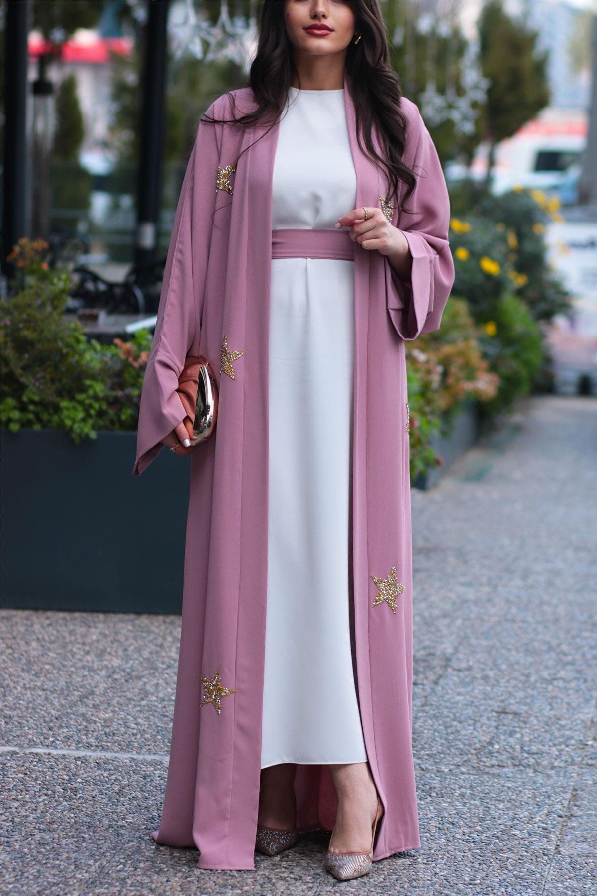 Pembe Yıldız Detaylı Abaya 