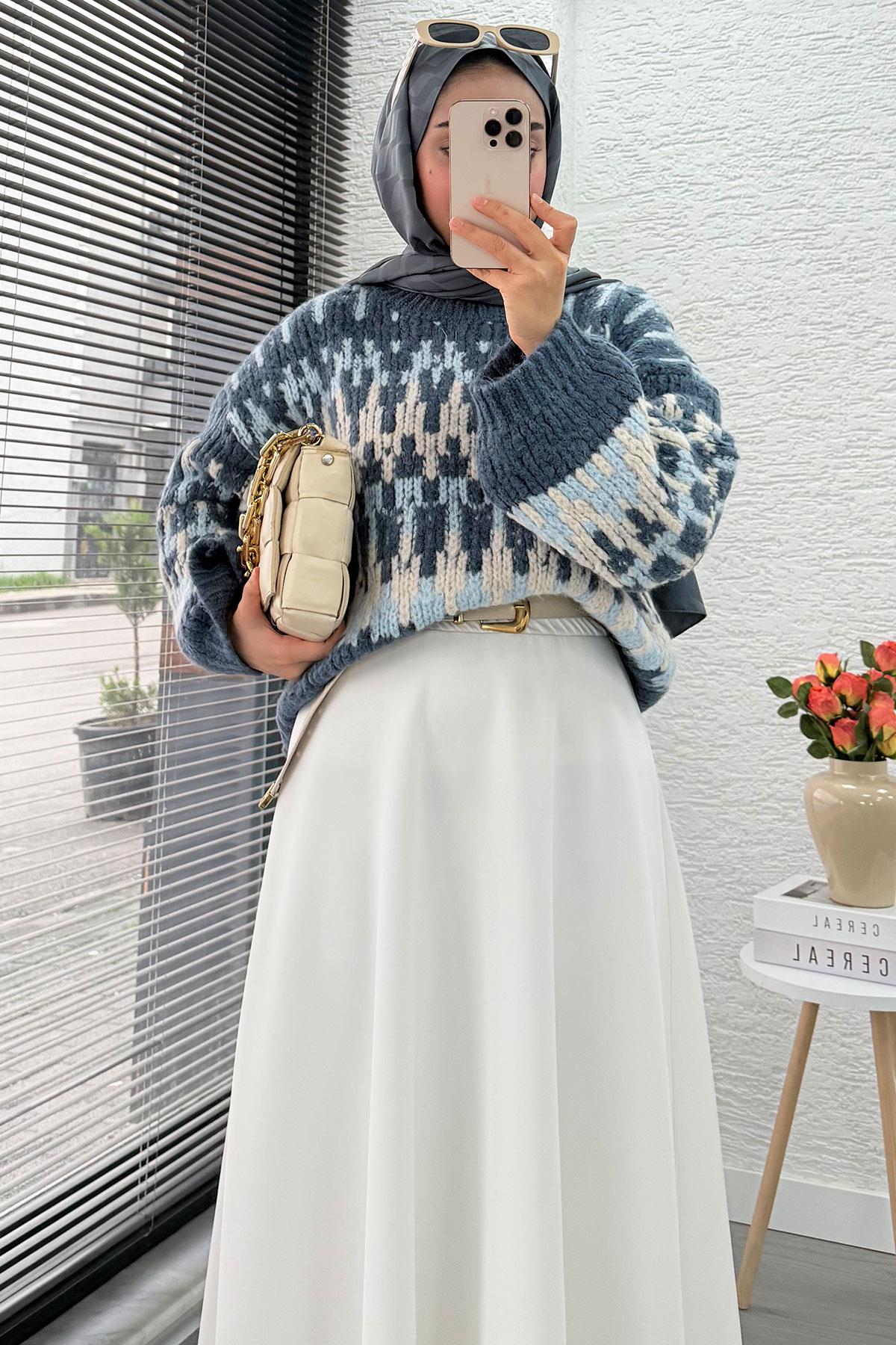 Pinterest Model Balon Kol Kısa Triko Kazak -İndigo