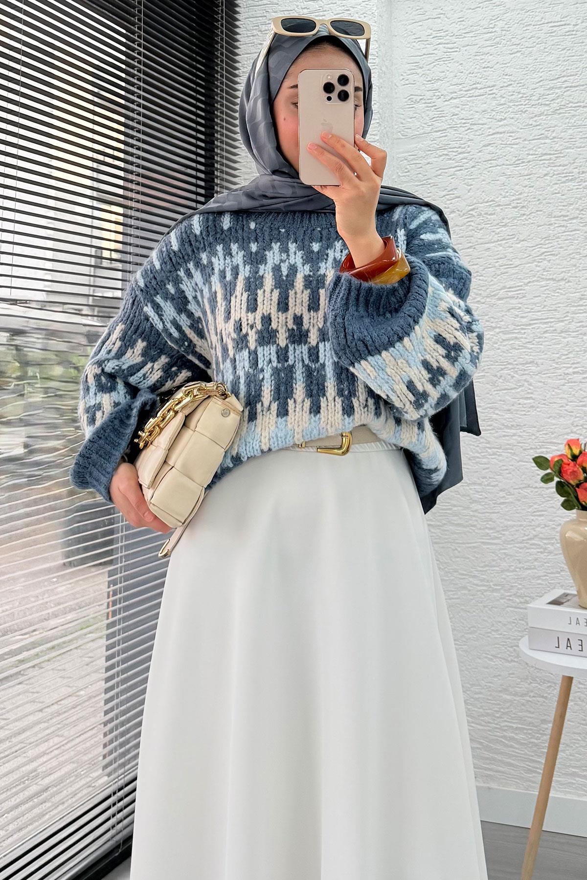 Pinterest Model Balon Kol Kısa Triko Kazak -İndigo
