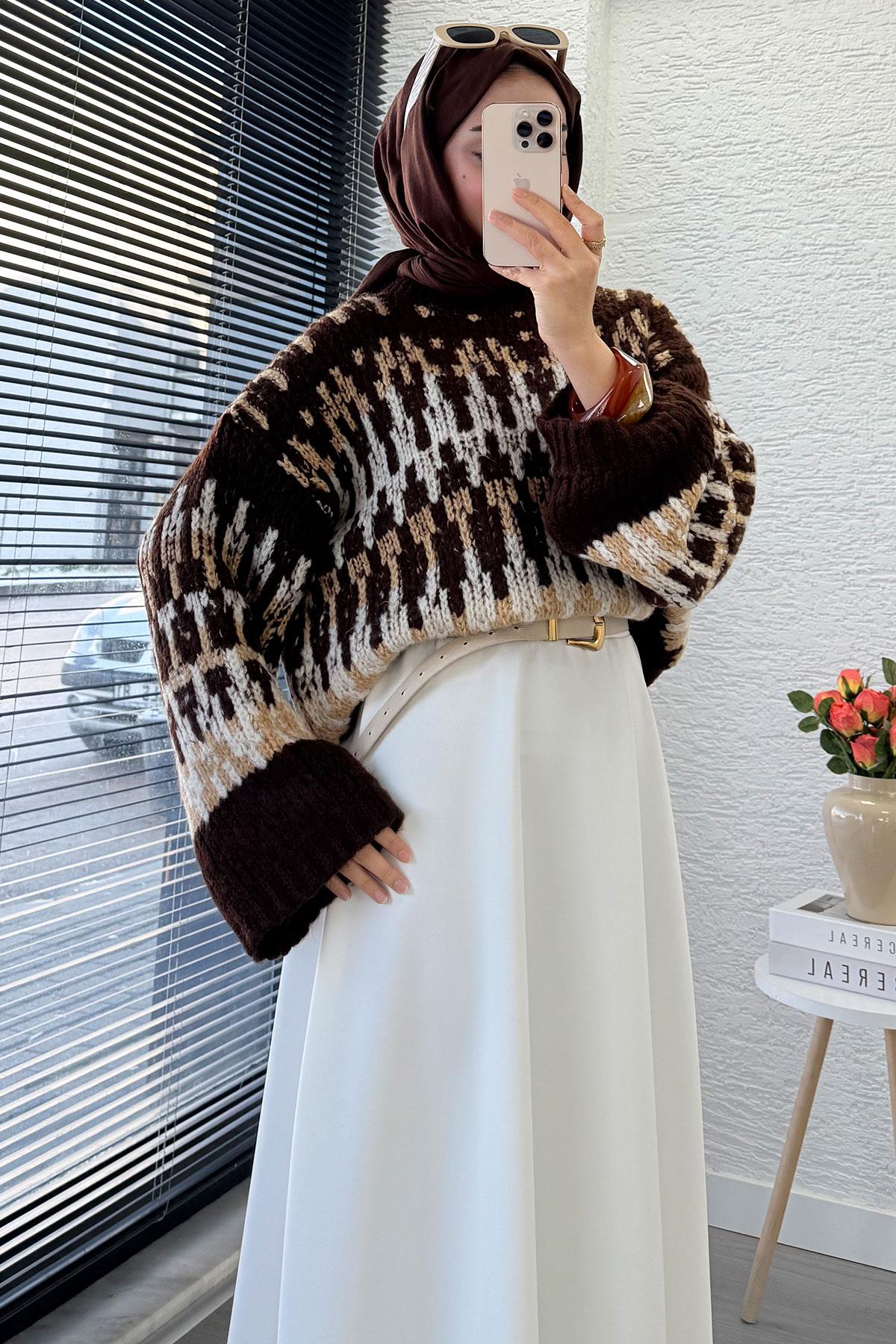 Pinterest Model Balon Kol Kısa Triko Kazak -Kahverengi