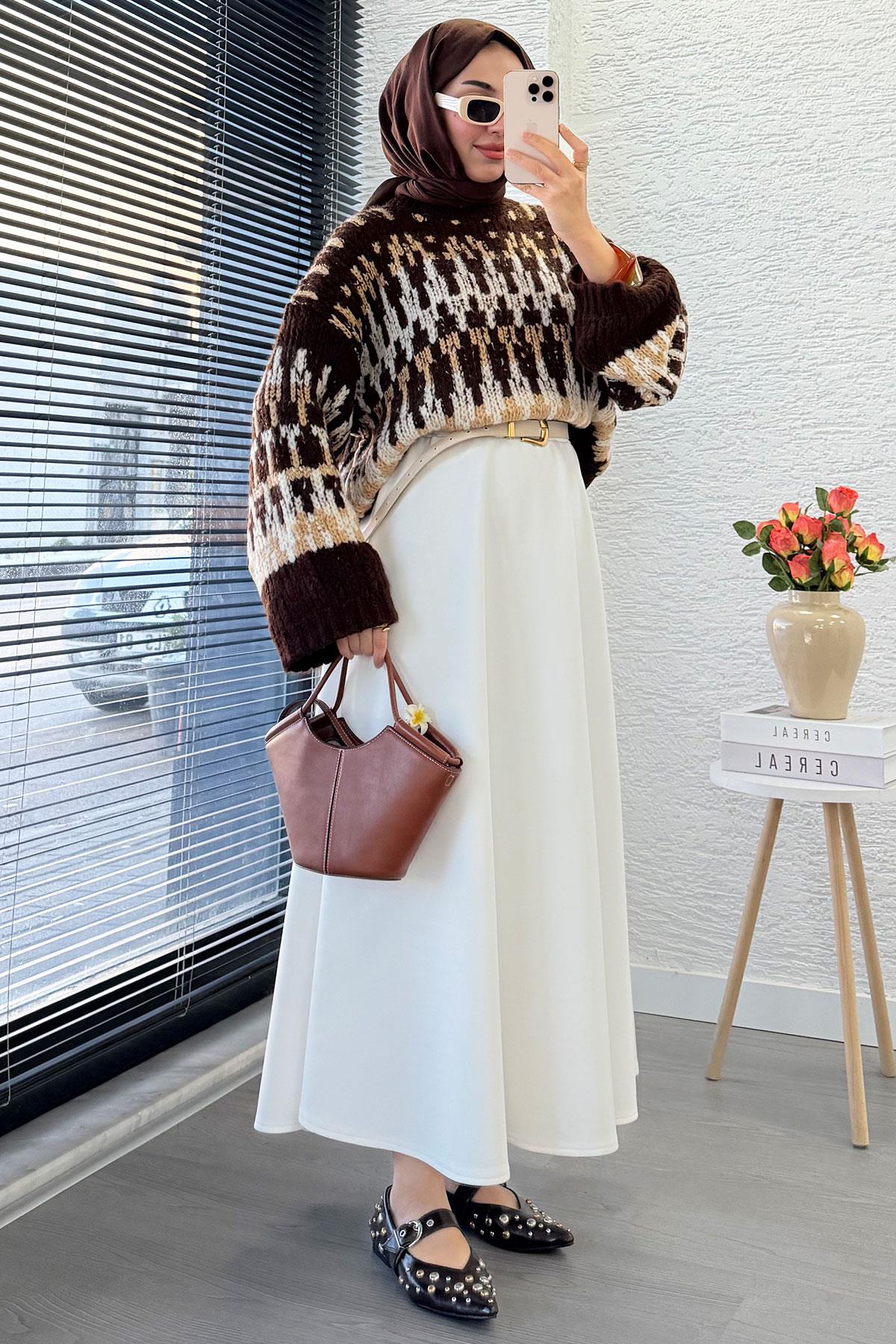 Pinterest Model Balon Kol Kısa Triko Kazak -Kahverengi